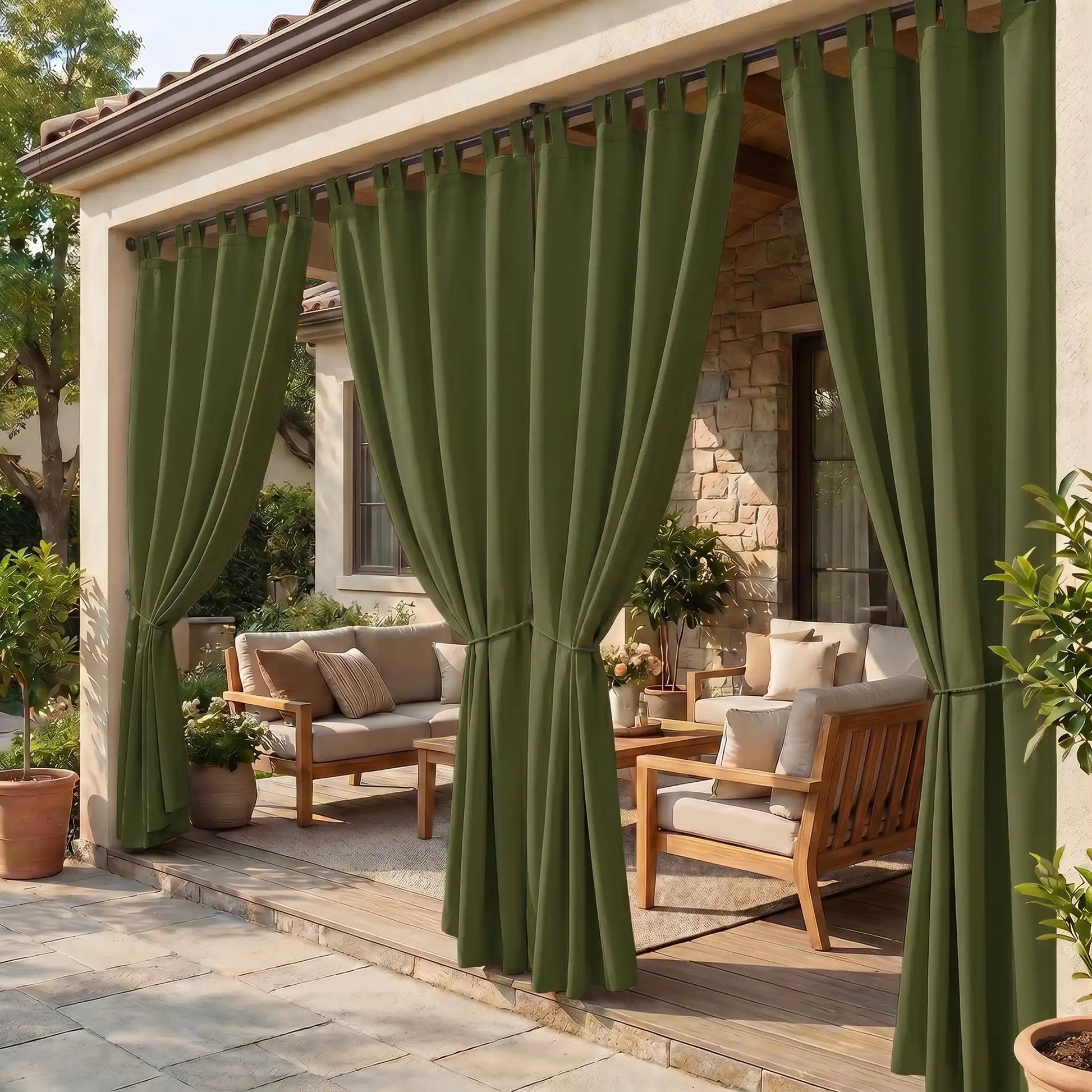 DWCN Official waterproof outdoor curtain with tab top design, ideal for patio or garden protection against weather elements.
