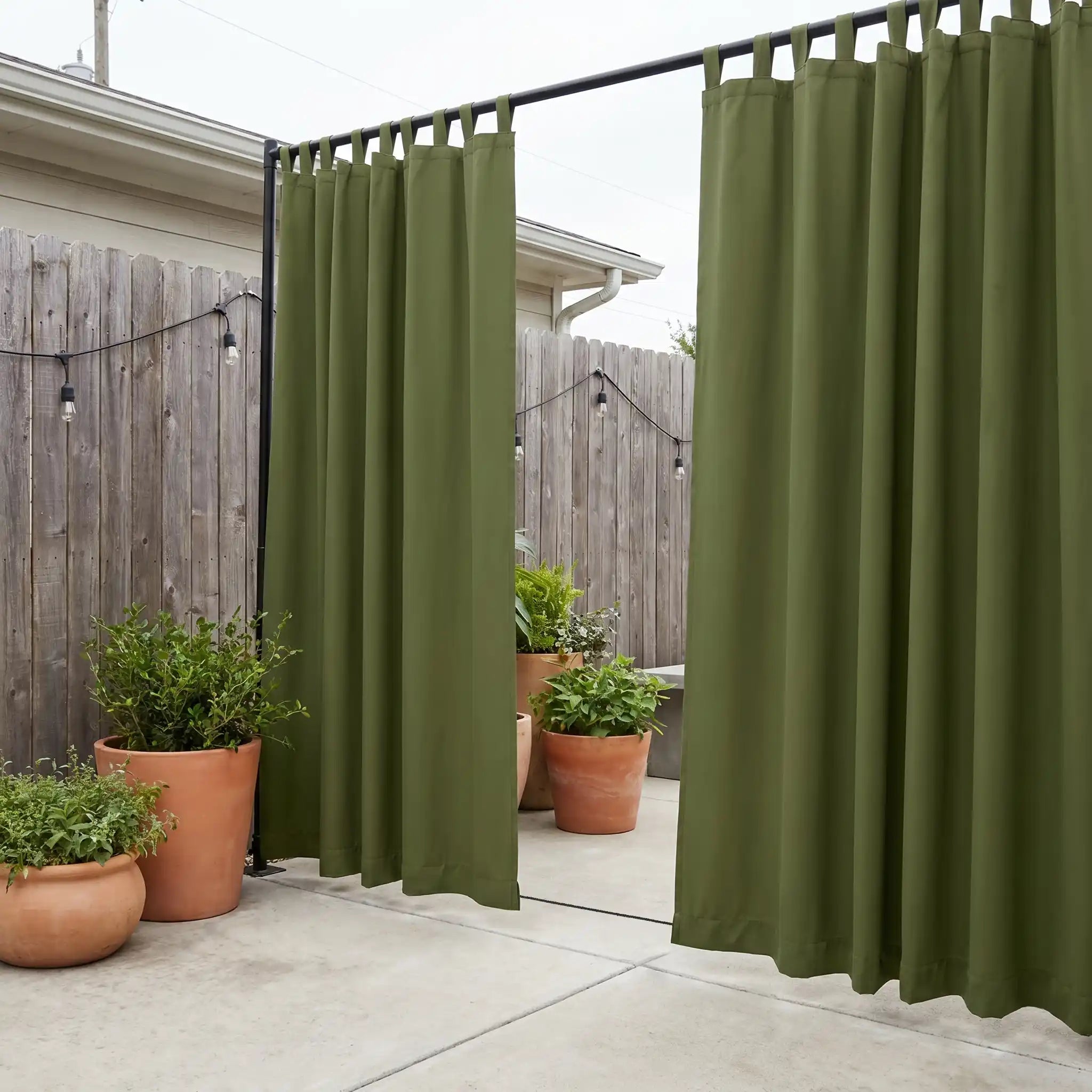 DWCN Official outdoor curtain with tab top and rope bottoms, waterproof and windproof for outdoor patio or balcony use.