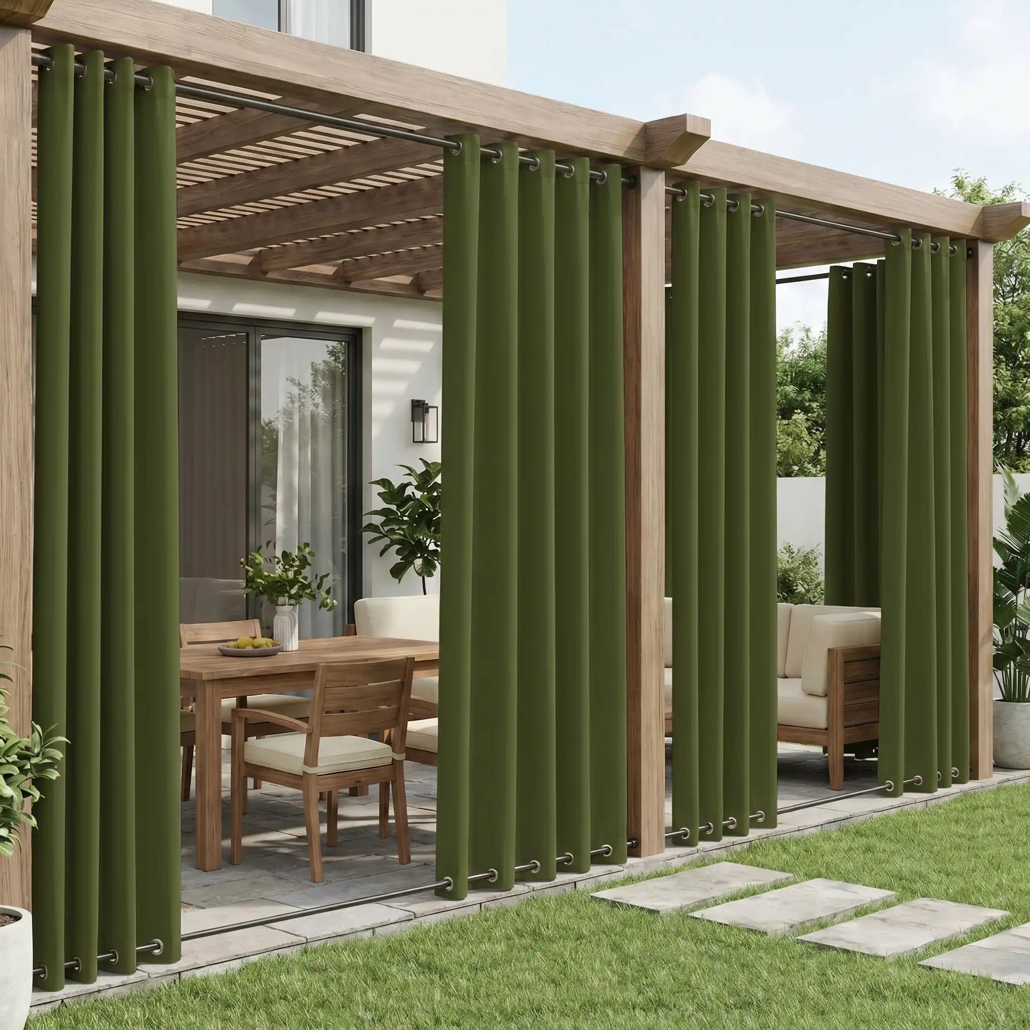 Grommet top and bottom outdoor curtains by DWCN Official, waterproof and windproof fabric for patio or garden use.