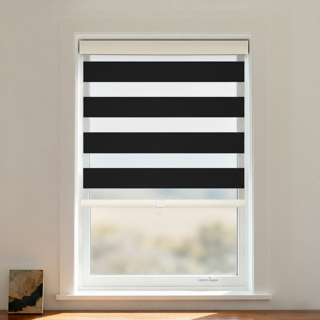 DWCN Official Line Blackout Zebra Shade cordless window covering with black and white striped fabric for light control.