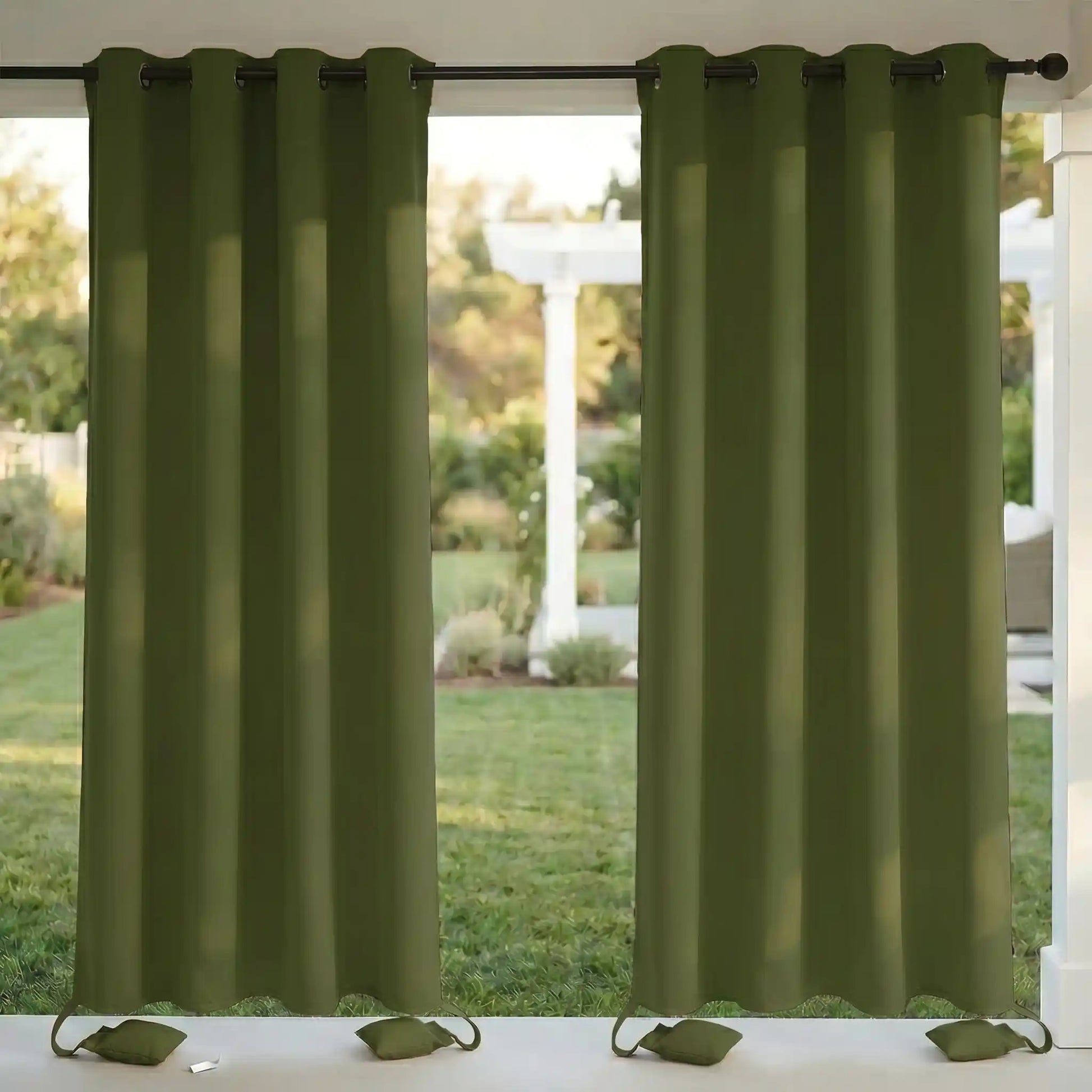 Outdoor waterproof curtain with grommet top and weighted bottom, windproof design by DWCN Official, suitable for outdoor use.