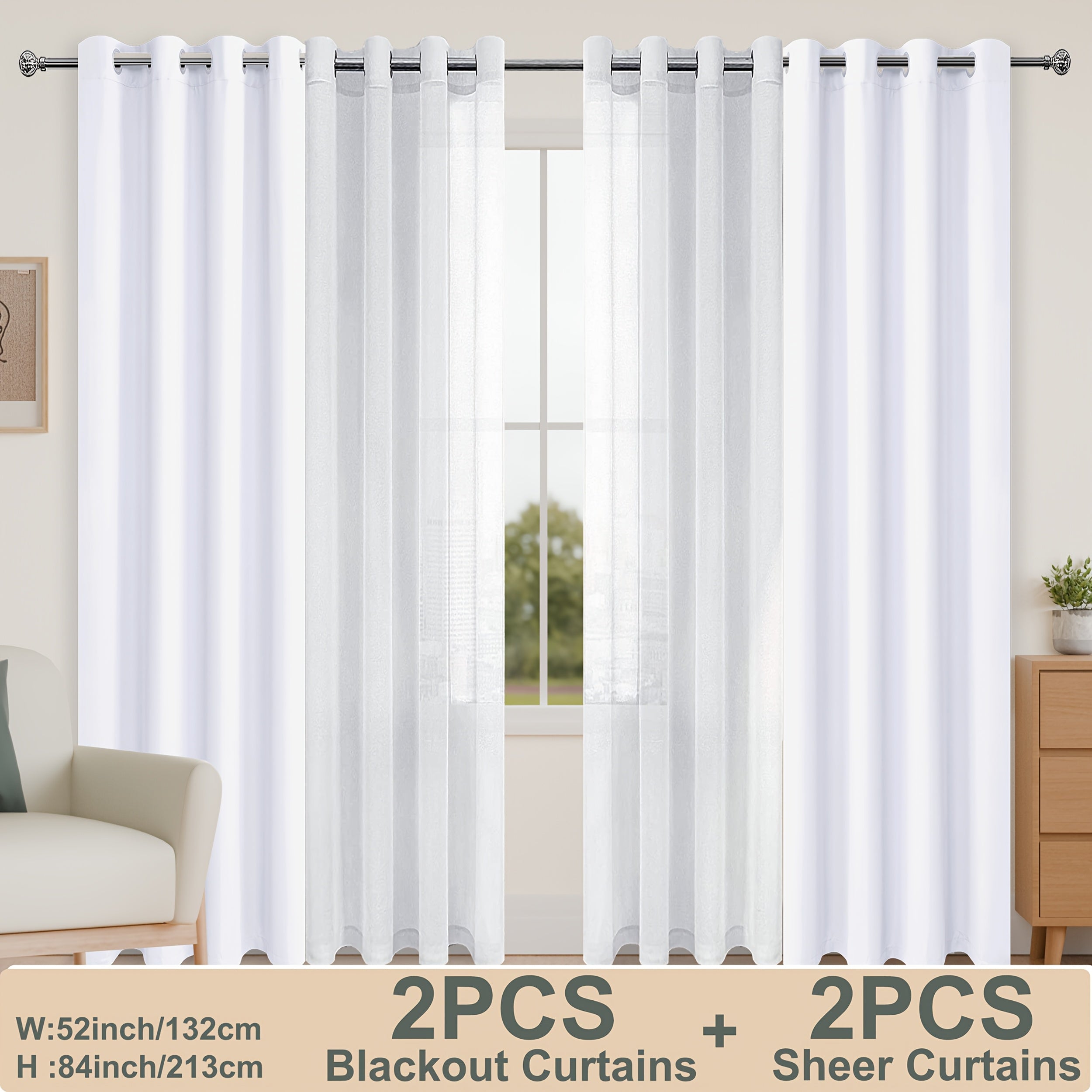 4pcs/SET Curtains - 2pcs Blackout Curtains with Tiebacks And 2pcs Sheer Curtains