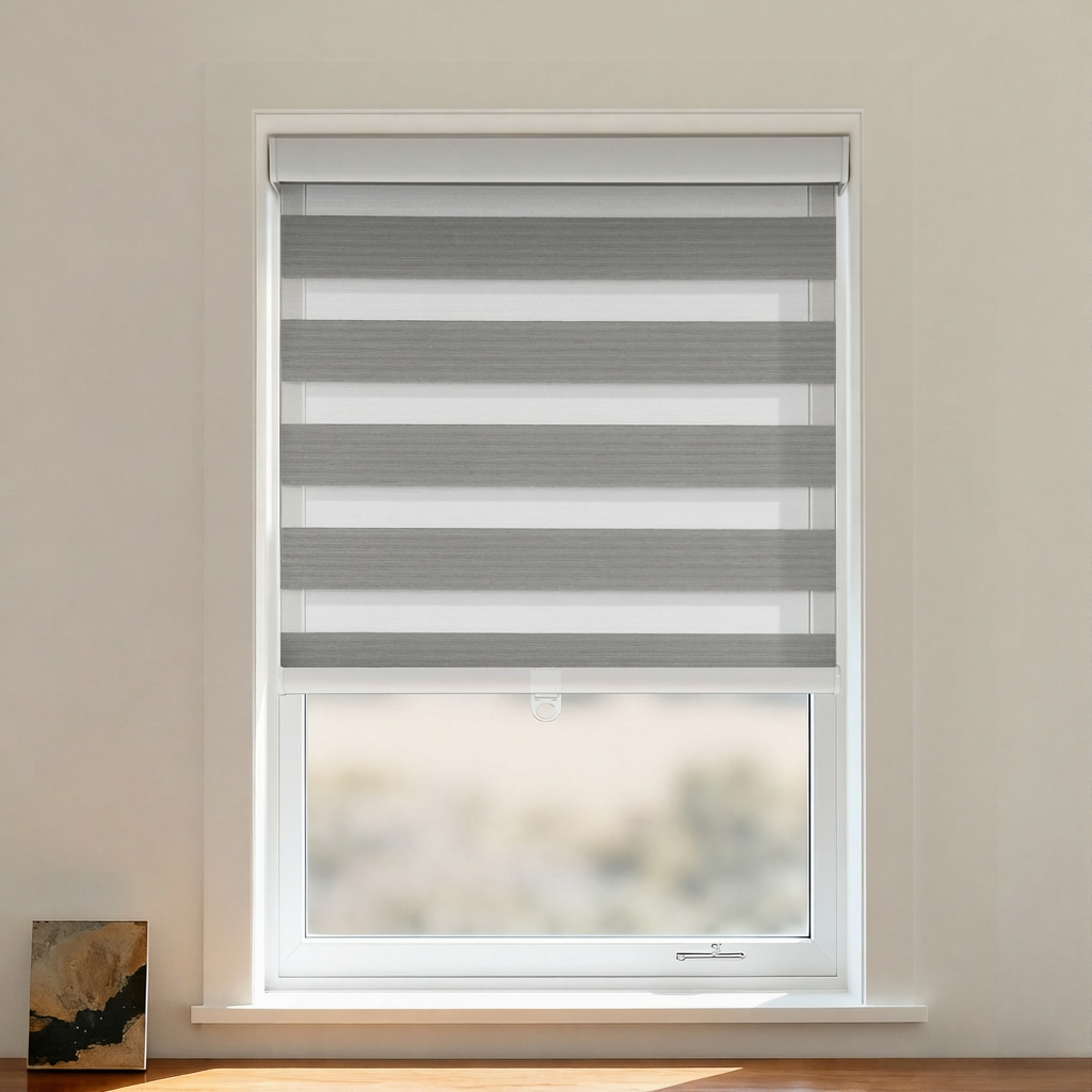 Blackout zebra shade by DWCN Official featuring cordless design, black and white zebra pattern for light control and privacy.