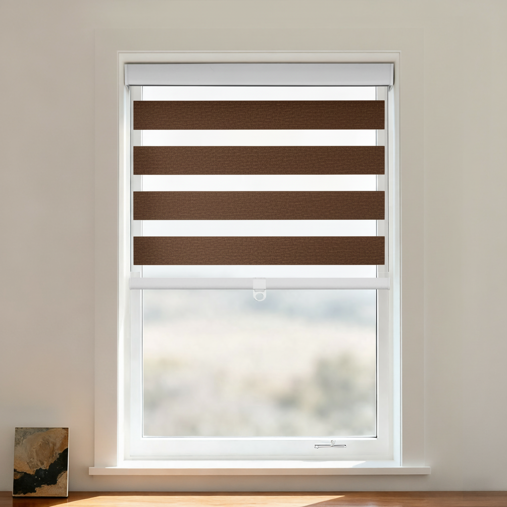Blackout Zebra Shade Cordless by DWCN Official, featuring black and white zebra pattern for light control and privacy.