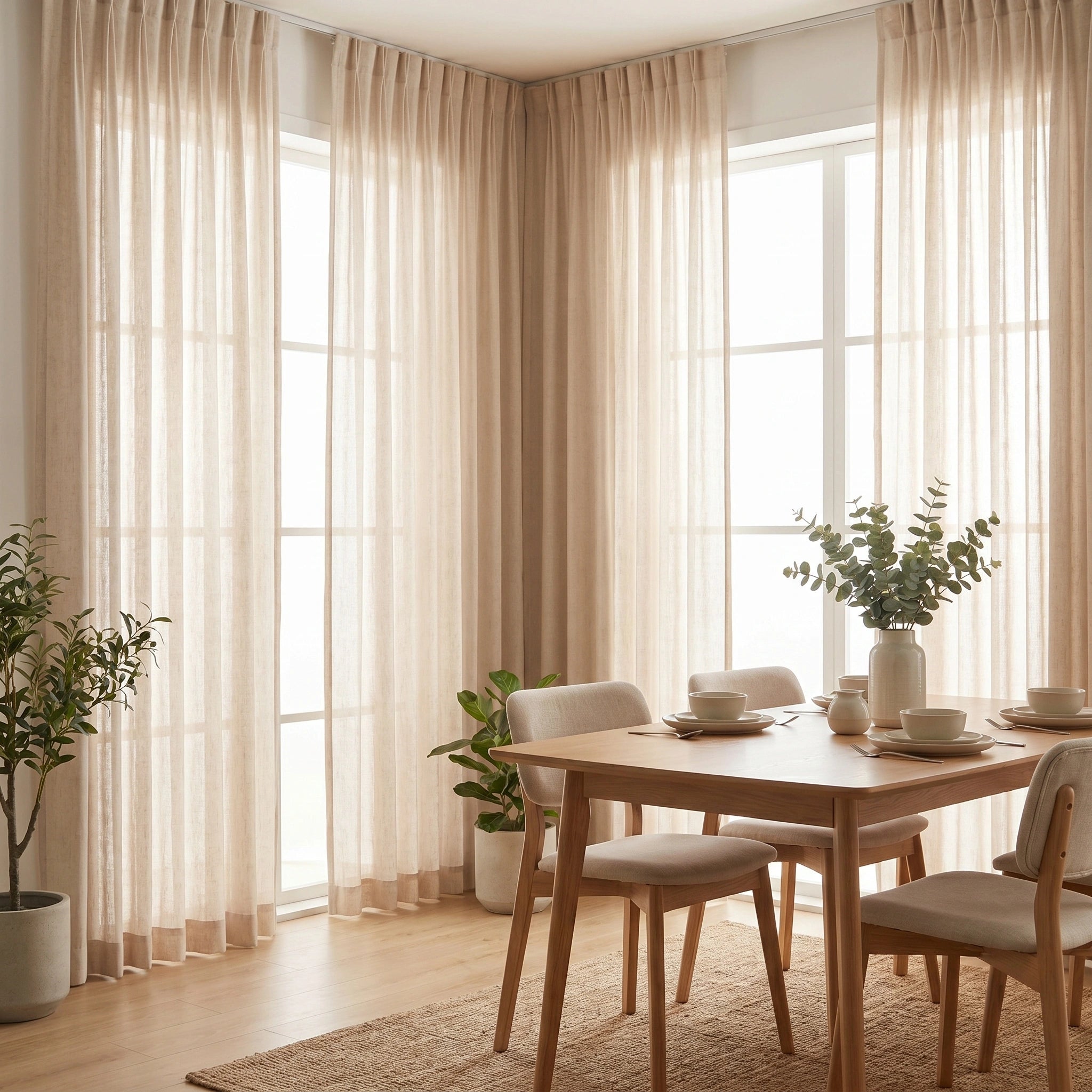 DWCN Official Daphne Wheat Grid Linen Sheer Curtain hanging in a window, showcasing its light, airy, woven fabric with a wheat-colored grid pattern.