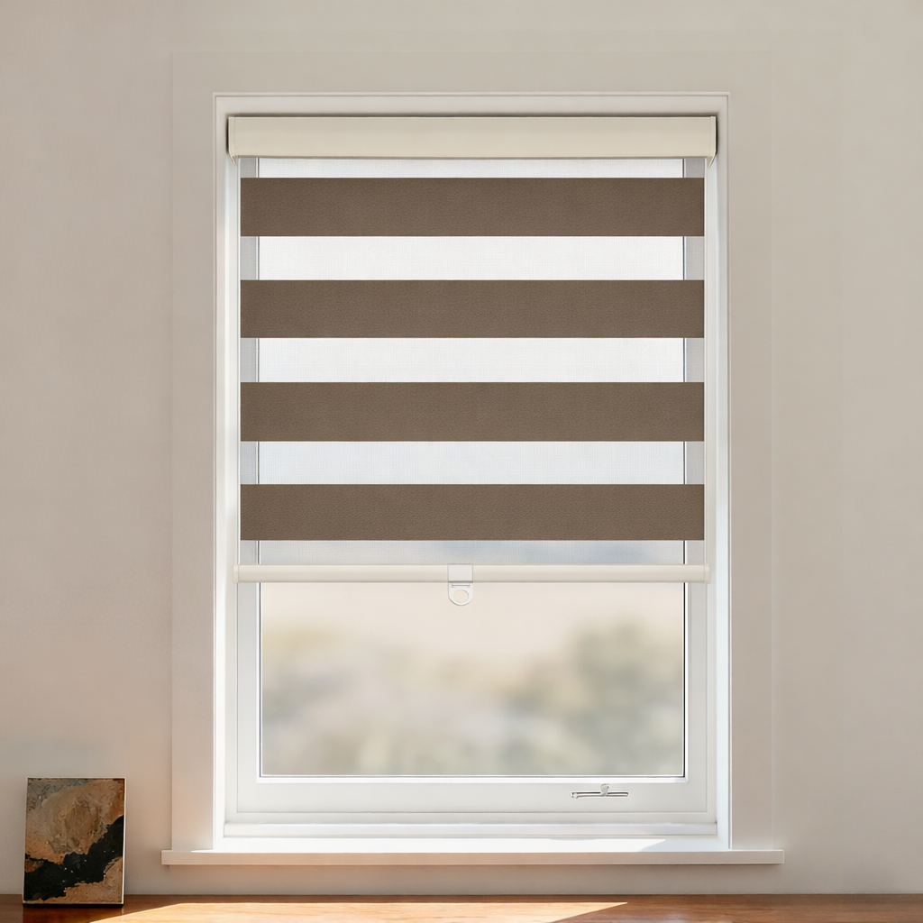 DWCN Official Line Blackout Zebra Shade Cordless with black and white striped fabric, showcasing its sleek, modern window covering design.