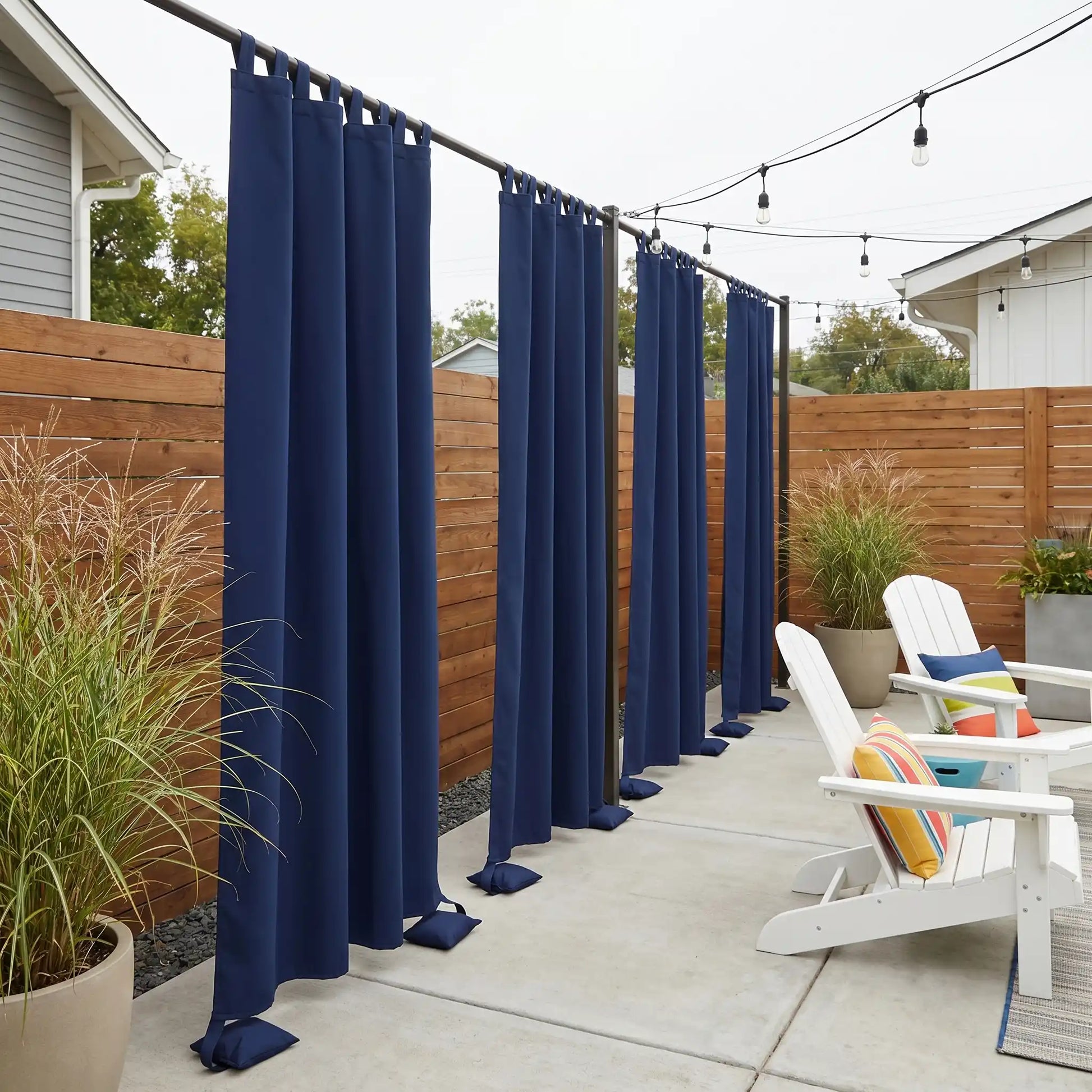 DWCN Official outdoor curtain with tab top and weighted bottom, windproof and waterproof for outdoor weather protection.