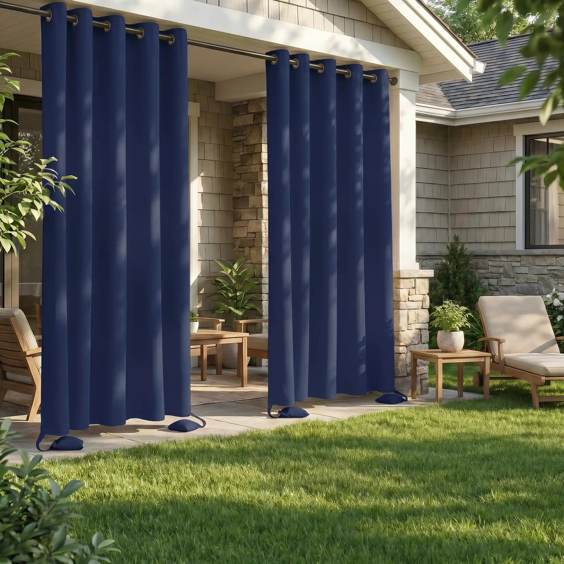 Outdoor curtain with grommet top and weighted bags, waterproof and windproof by DWCN Official, showing the fabric and grommet details.
