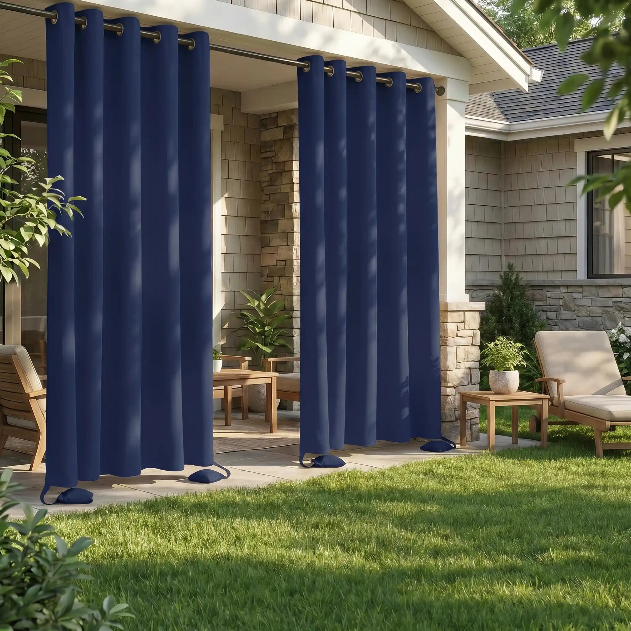 Outdoor curtain with grommet top and weighted bags, waterproof and windproof by DWCN Official, showing the fabric and grommet details.