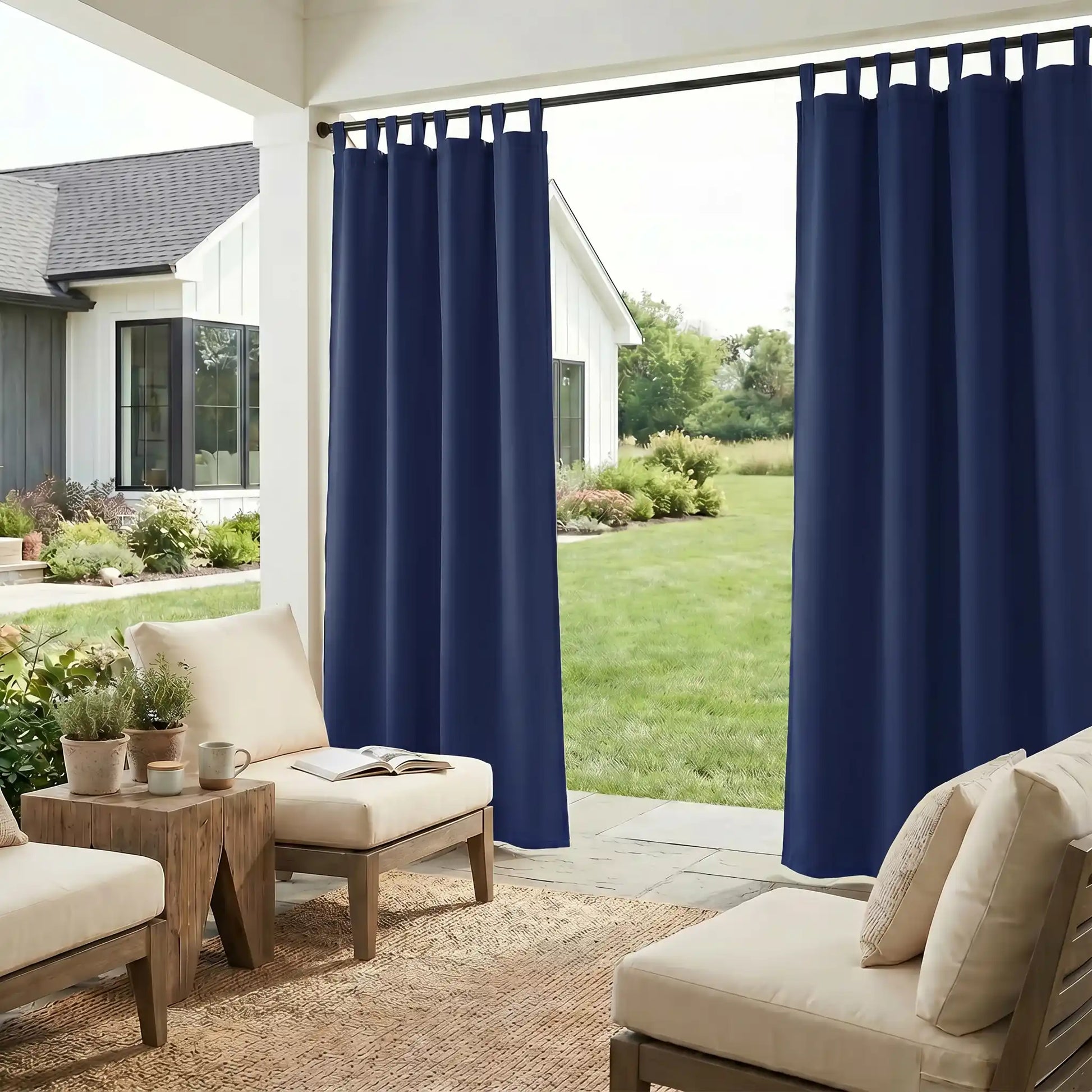 DWCN Official waterproof outdoor curtain with tab top design, ideal for patio or garden protection against the weather.