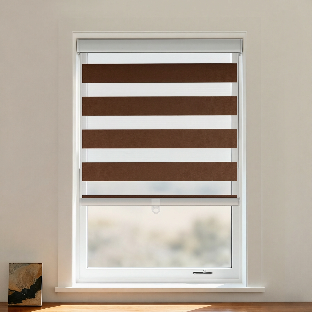 Blackout zebra shade cordless window treatment by DWCN Official featuring black and white zebra pattern for light control and privacy.