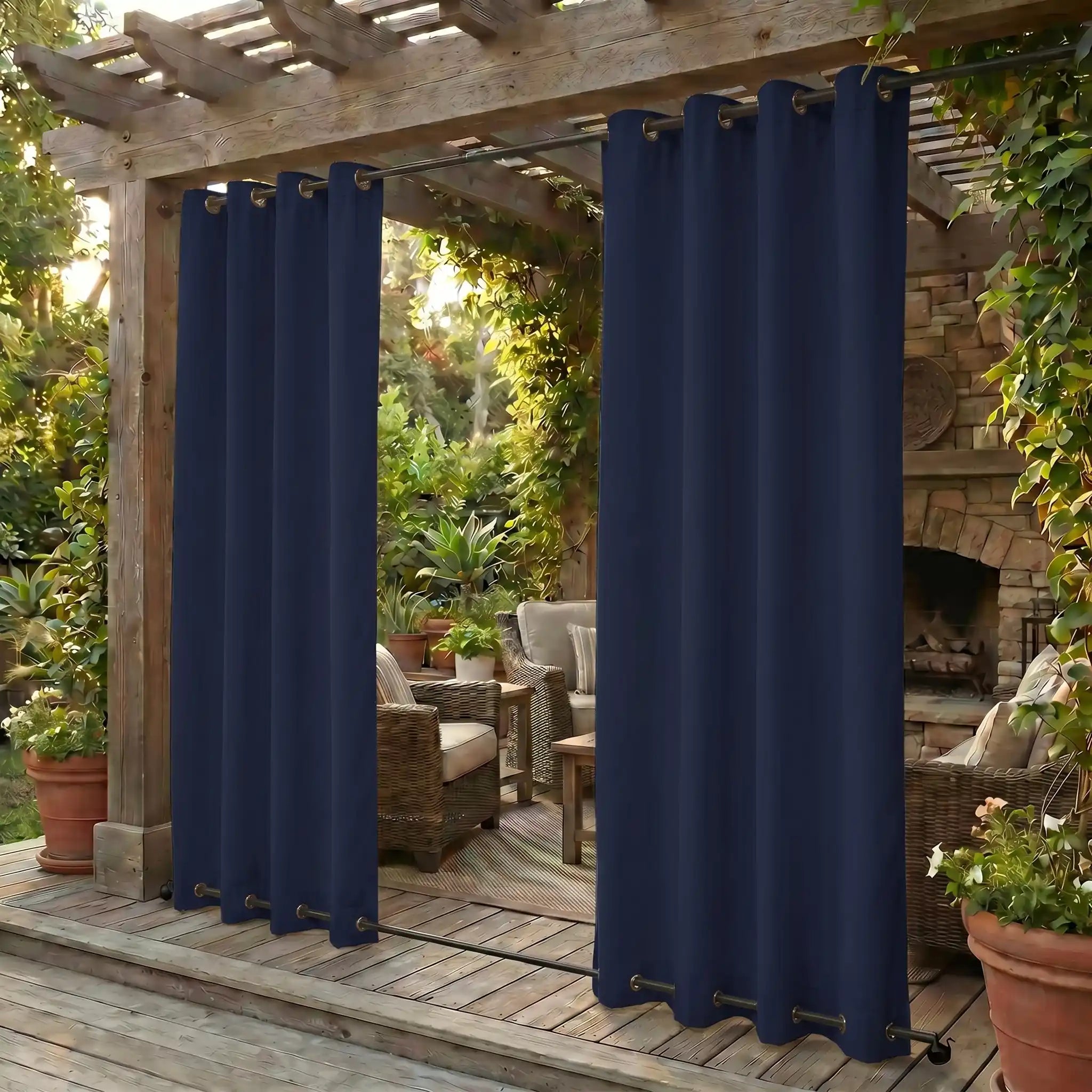 DWCN official outdoor curtains with grommet top and bottom, windproof and waterproof fabric for outdoor patio or balcony use.