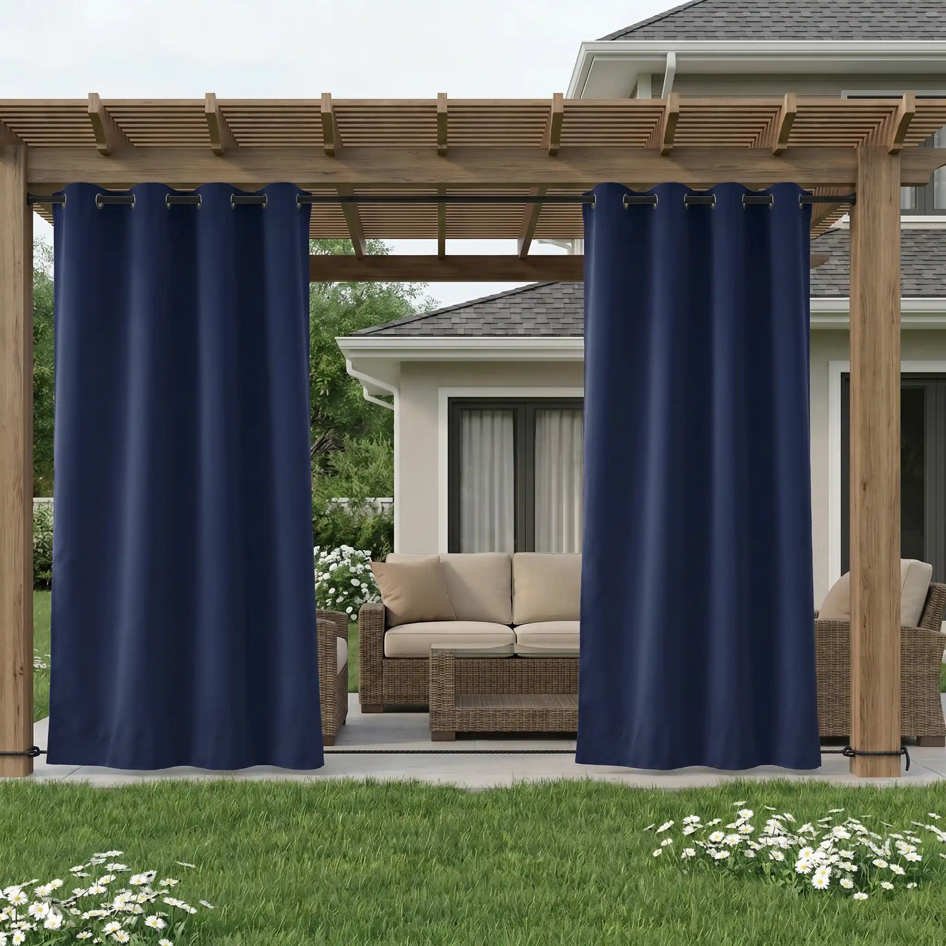 Outdoor curtain with grommet top and rope ties, waterproof and windproof design by DWCN Official, suitable for patio or garden use.