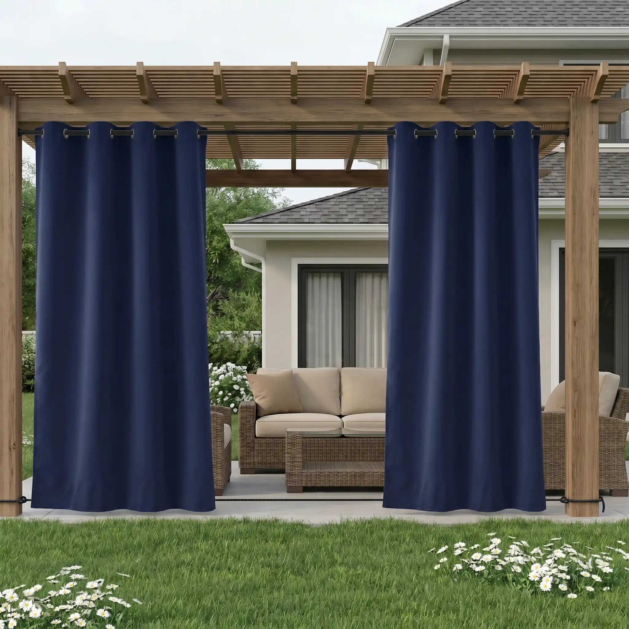 Outdoor curtain with grommet top and rope ties, waterproof and windproof design by DWCN Official, suitable for patio or garden use.