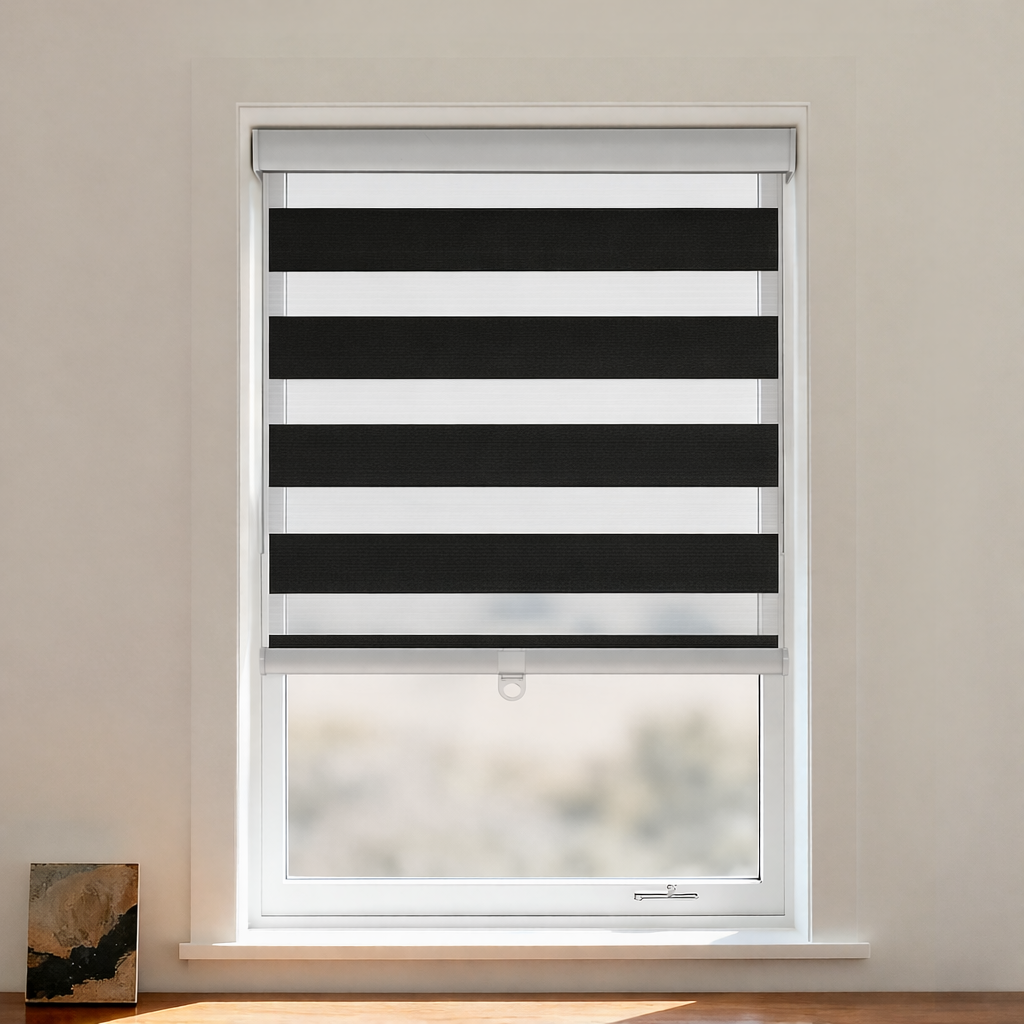 DWCN Official Marnle Blackout Zebra Shade with cordless design, featuring black and white zebra pattern for stylish window coverage.