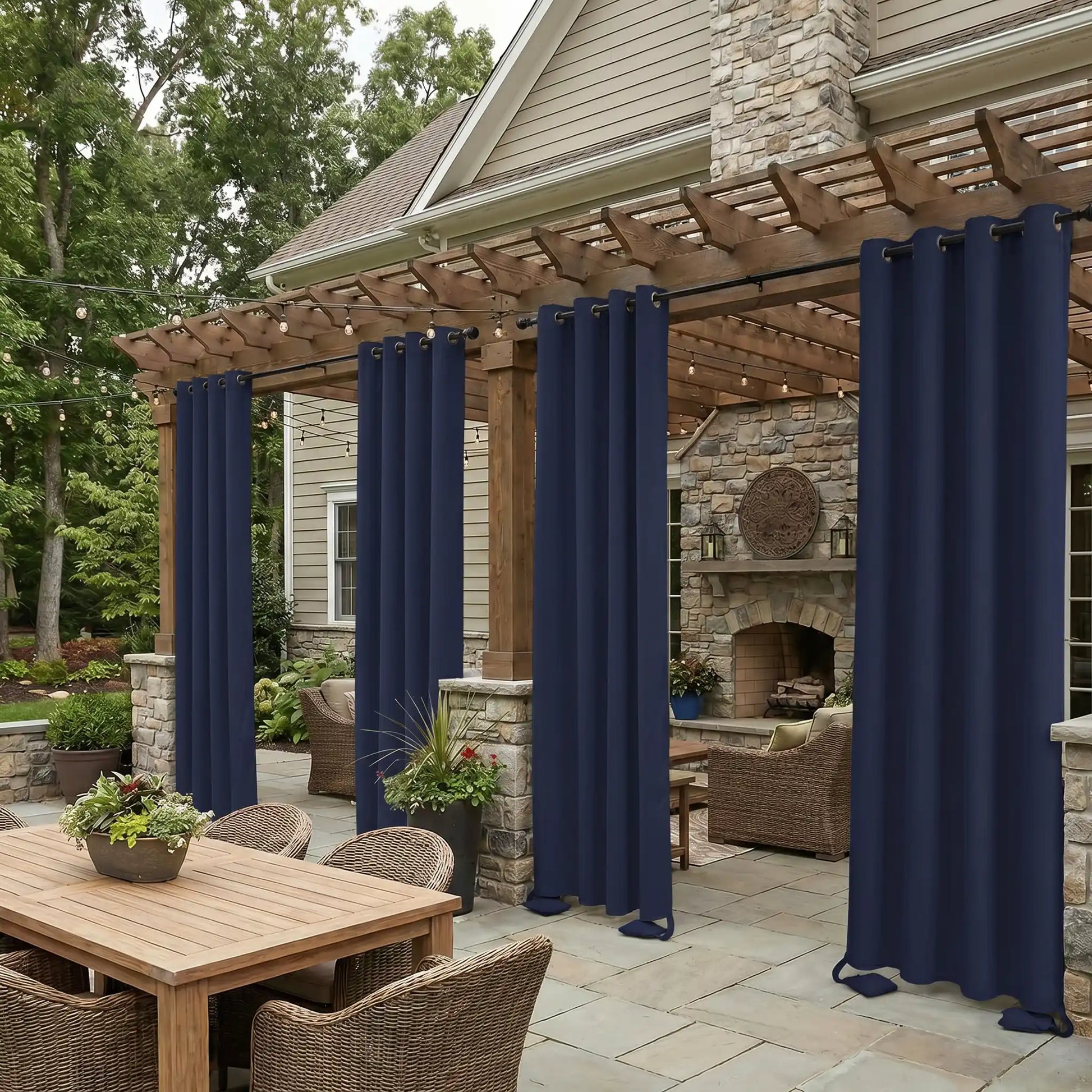 Outdoor curtain with grommet top and weighted bottom, windproof and waterproof, by DWCN Official, designed for outdoor weather protection.
