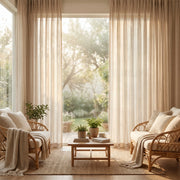 Light beige Phoebe Soft Oat Linen Sheer Curtain by DWCN Official hanging on a window, showcasing airy, textured linen fabric.