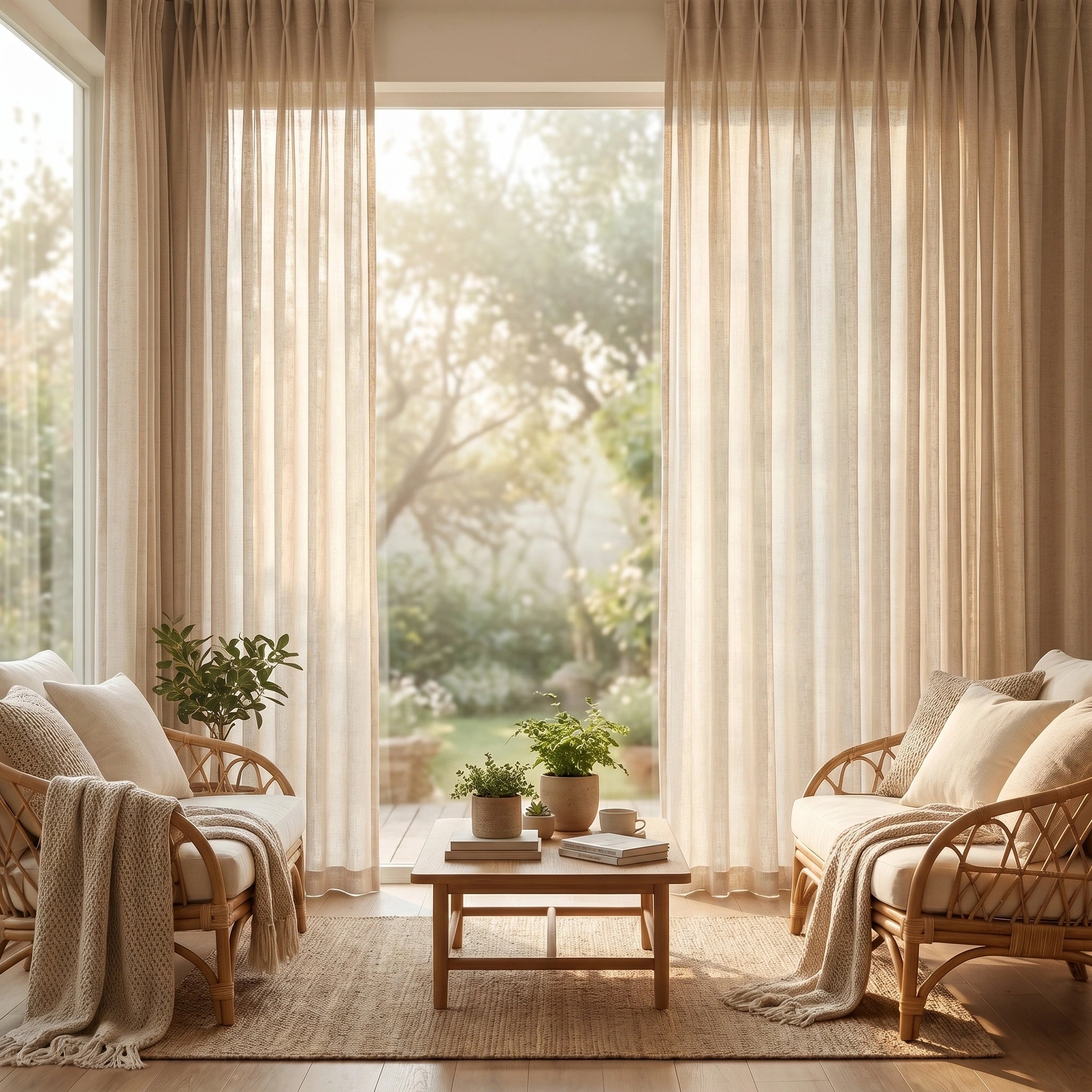 Light beige Phoebe Soft Oat Linen Sheer Curtain by DWCN Official hanging on a window, showcasing airy, textured linen fabric.