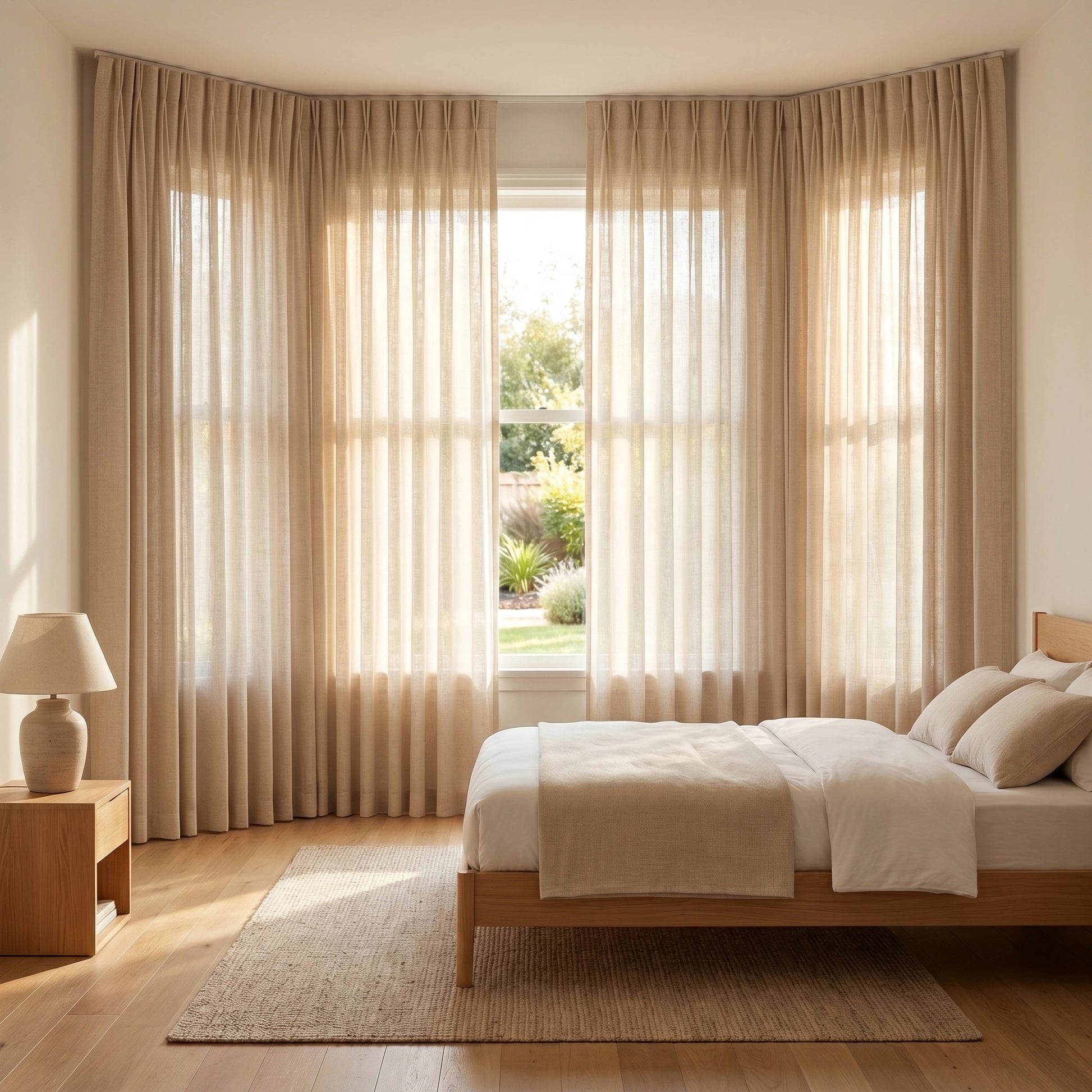 Light beige Phoebe Soft Oat Linen Sheer Curtain by DWCN Official hanging indoors with a gentle flow and semi-transparent texture.