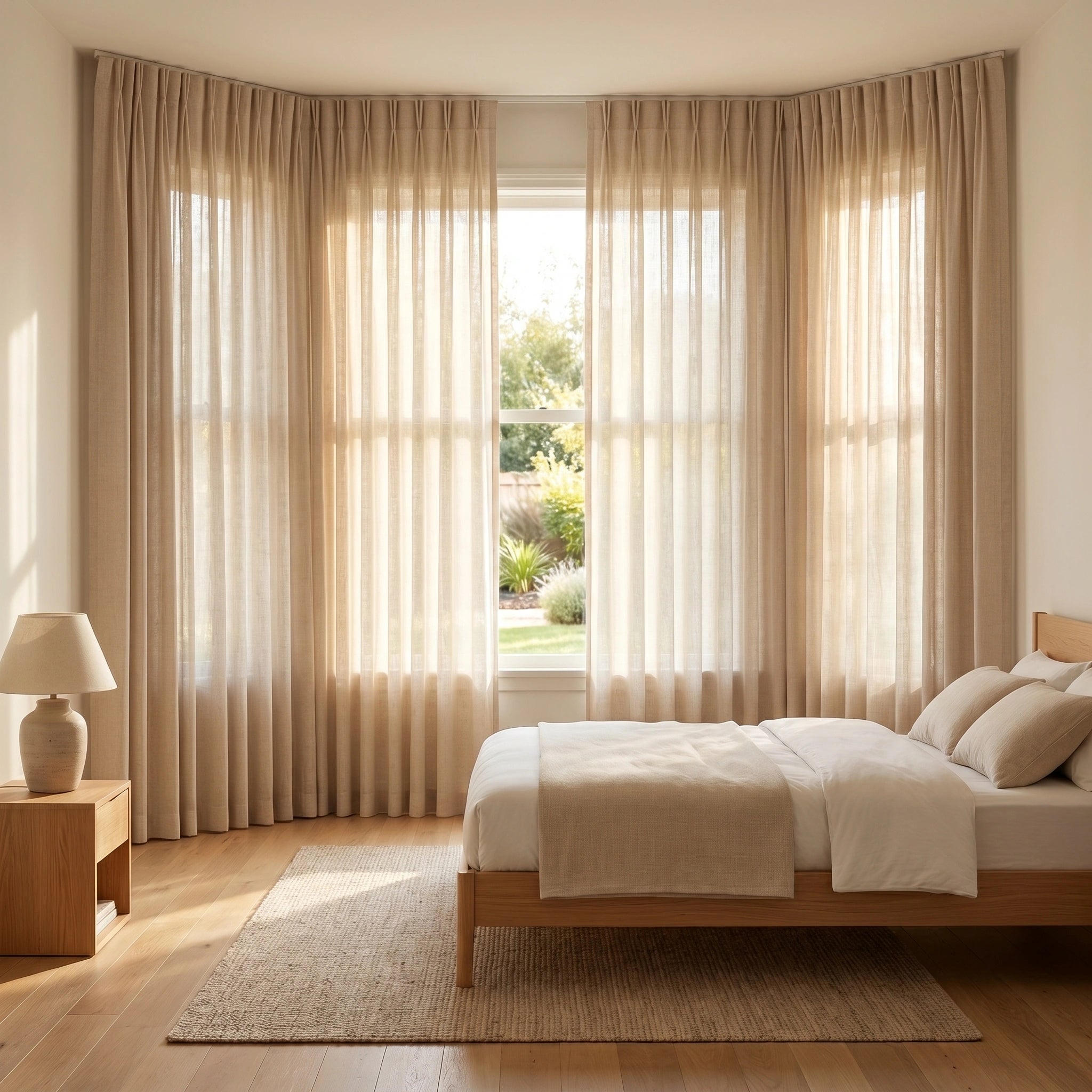 Light beige Phoebe Soft Oat Linen Sheer Curtain by DWCN Official hanging indoors with a gentle flow and semi-transparent texture.