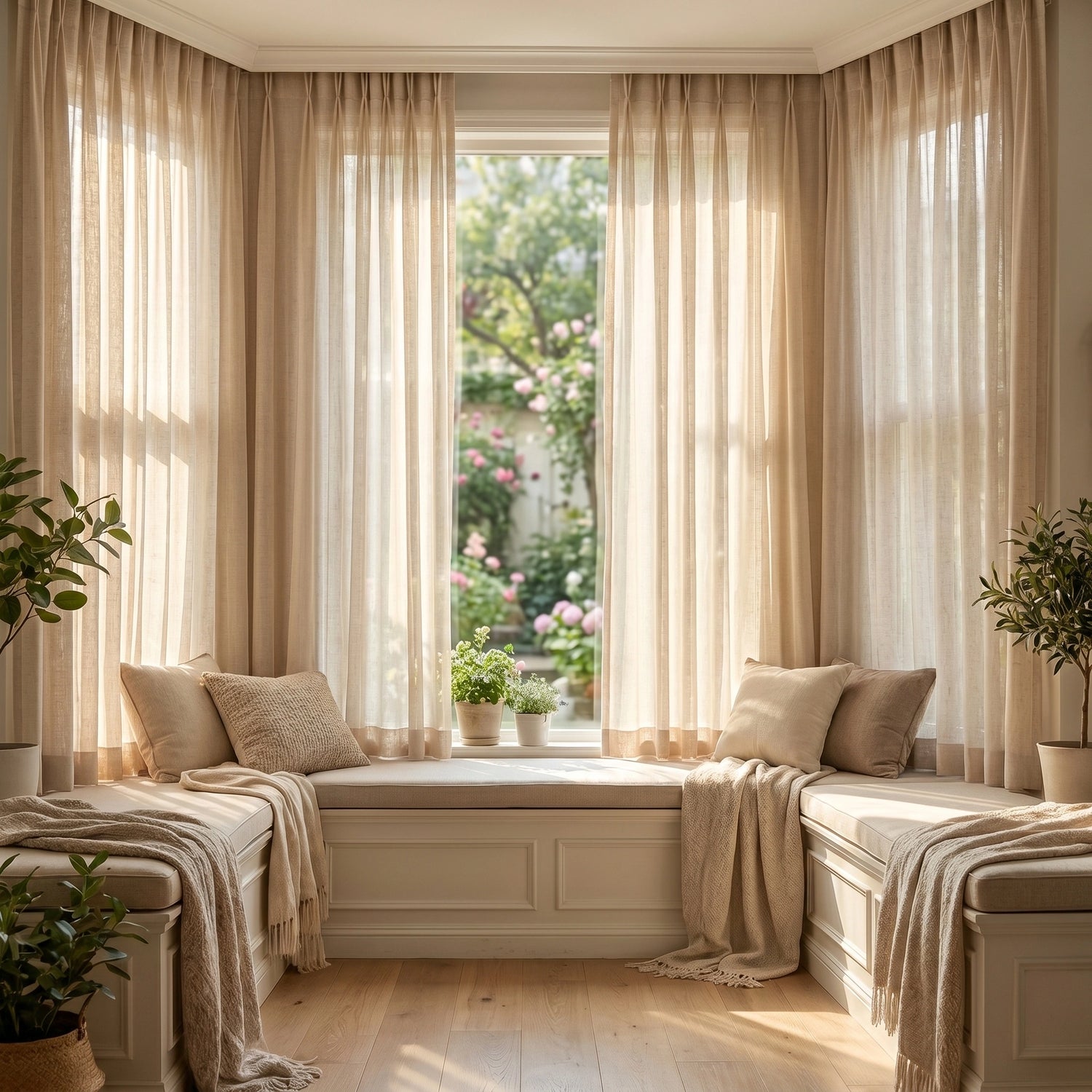 DWCN Official Phoebe Soft Oat Linen Sheer Curtain hanging with gentle folds, showcasing lightweight, breathable linen fabric and elegant design.