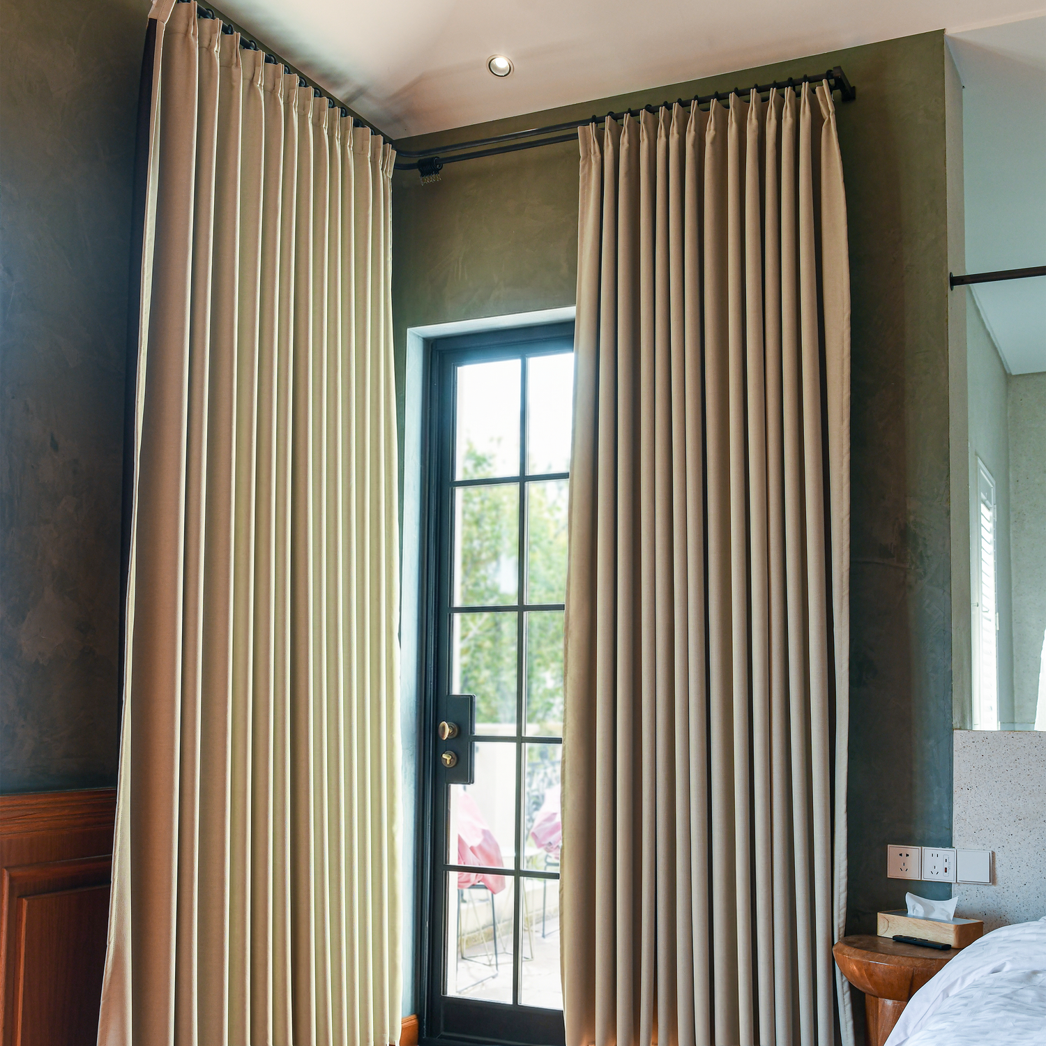 Black heavyweight cotton blackout curtains by DWCN Official, showing thick, dark fabric designed to block light and ensure privacy.