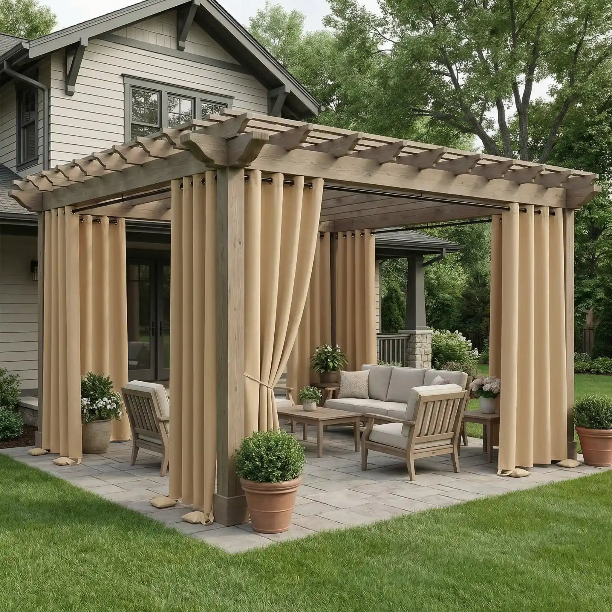 Outdoor waterproof curtain with grommet top and weighted bottom, windproof design by DWCN Official, suitable for outdoor use.