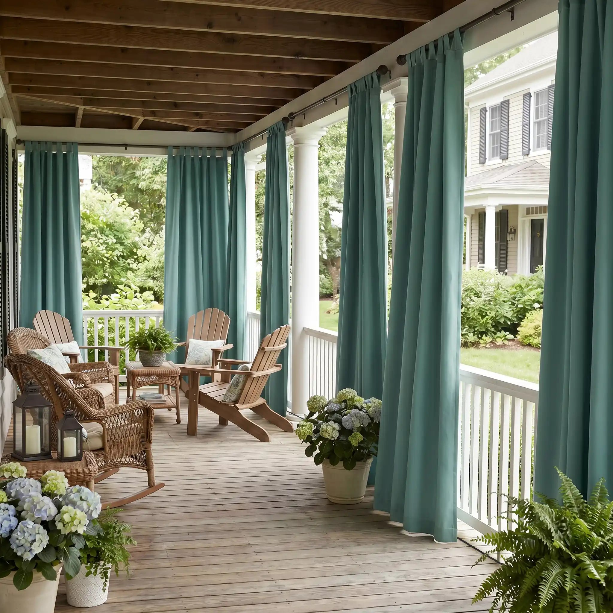 DWCN official outdoor curtain with tab top and rope ties, windproof and waterproof fabric for outdoor weather protection.