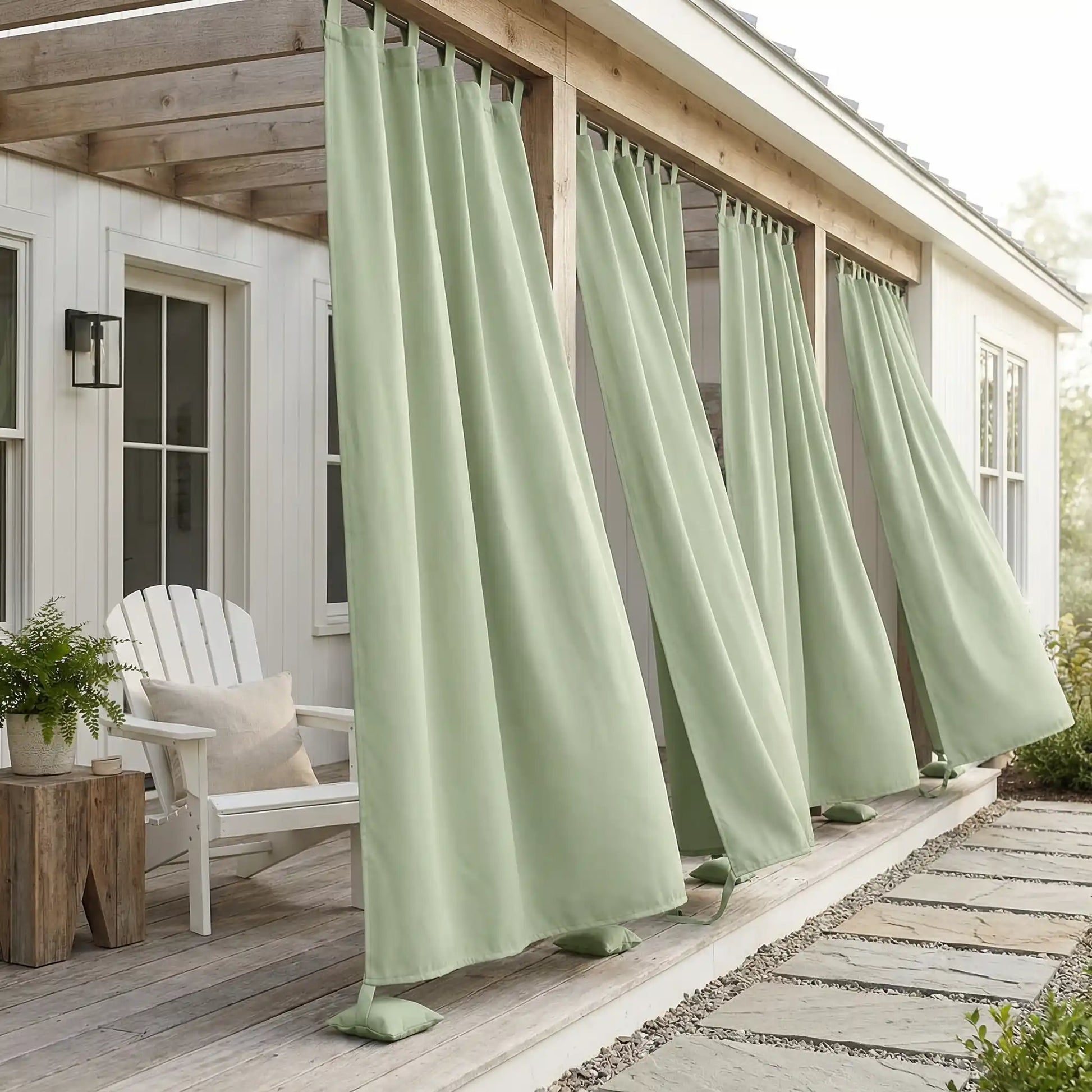 DWCN official outdoor curtain with tab top and weighted bottom, windproof and waterproof for outdoor privacy and weather protection.