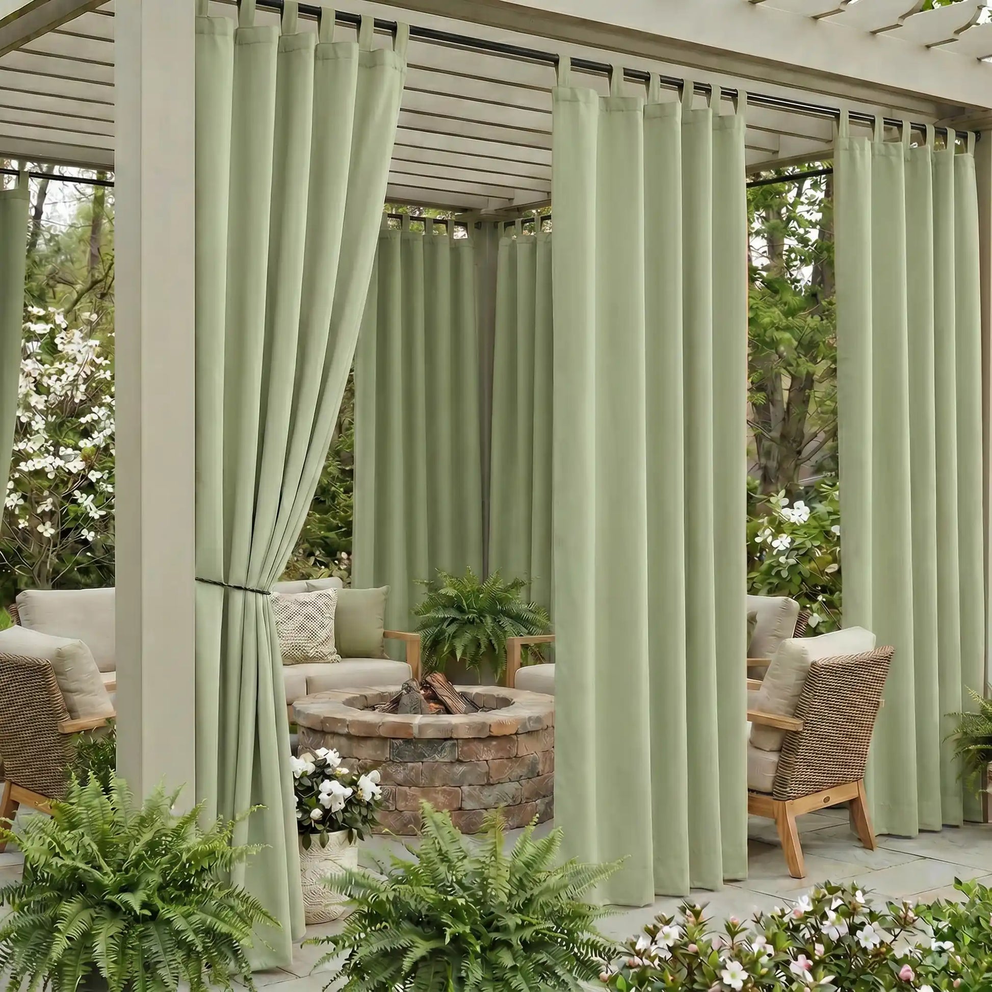 DWCN Official waterproof outdoor curtain with tab top design, weather-resistant fabric for patio or balcony protection.