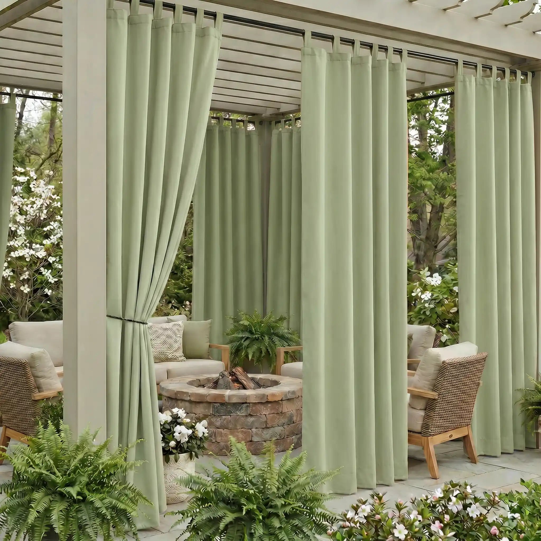 DWCN Official waterproof outdoor curtain with tab top design, weather-resistant fabric for patio or balcony protection.