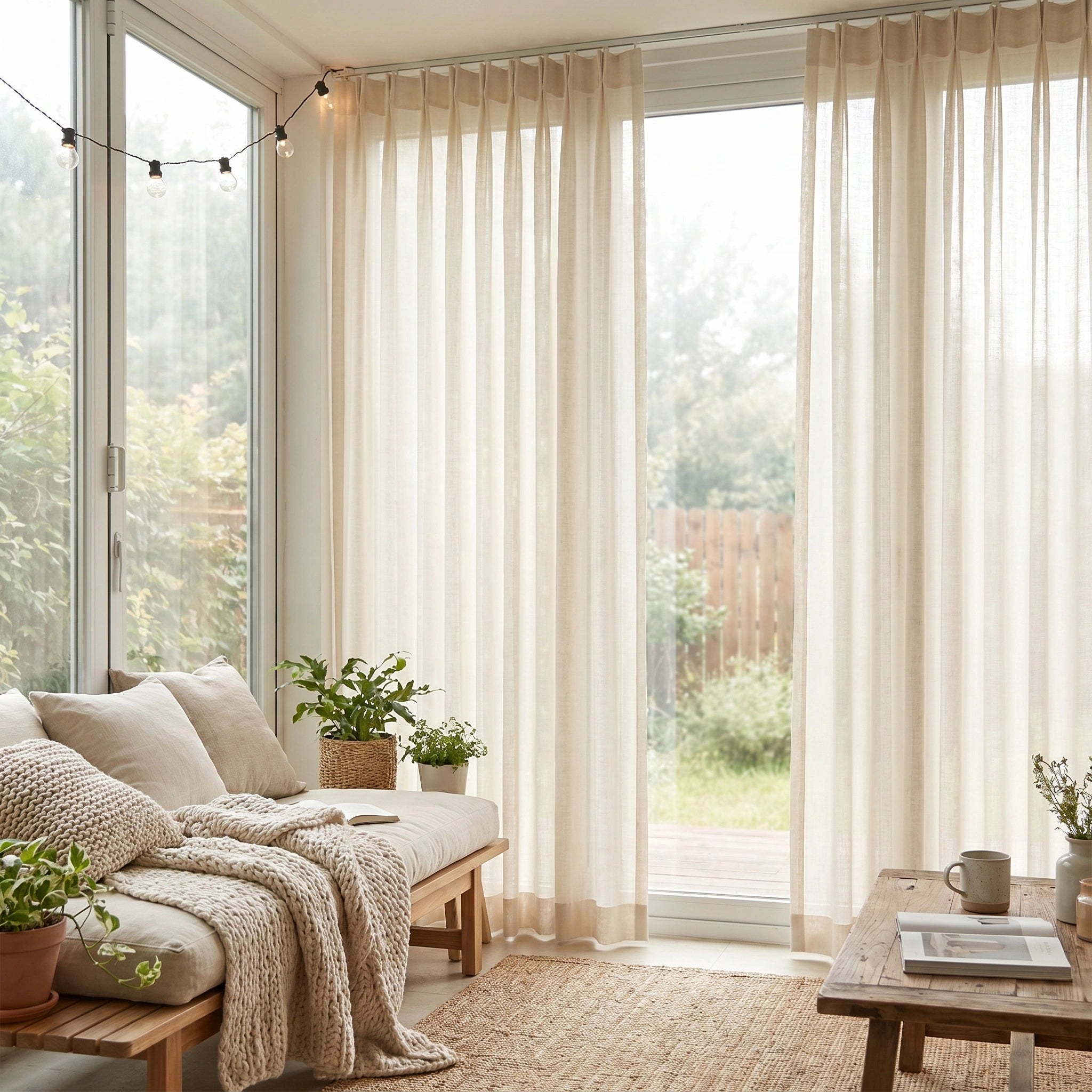 Ariadne Pearl Crosshatch Linen Sheer Curtain by DWCN Official, featuring a light, textured linen fabric with pearl accents and crosshatch design.