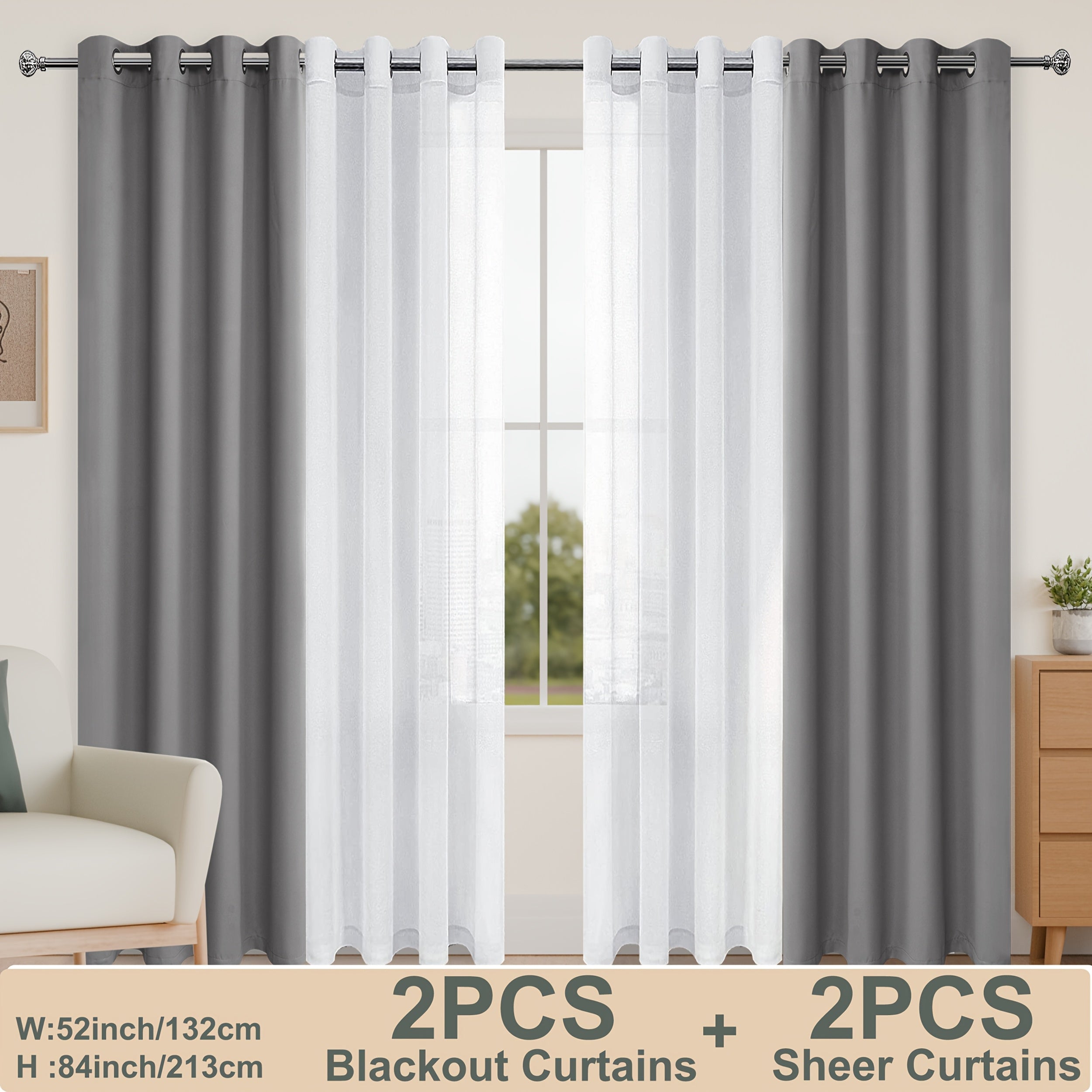 4pcs/SET Curtains - 2pcs Blackout Curtains with Tiebacks And 2pcs Sheer Curtains