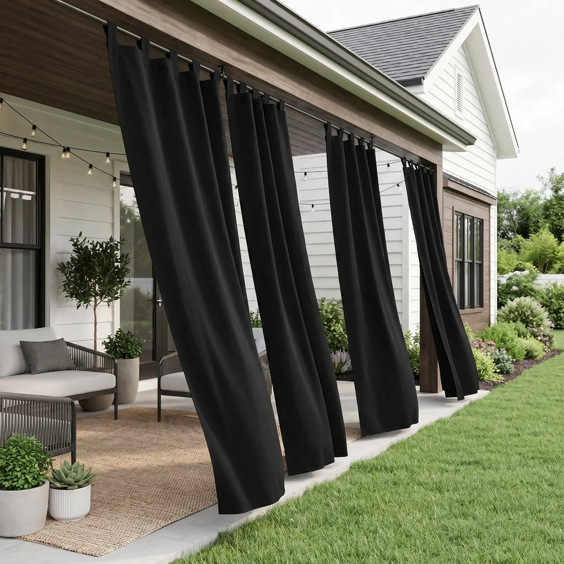 Waterproof outdoor curtain with tab top design by DWCN Official, suitable for patio or garden use, featuring durable fabric and secure hanging tabs.