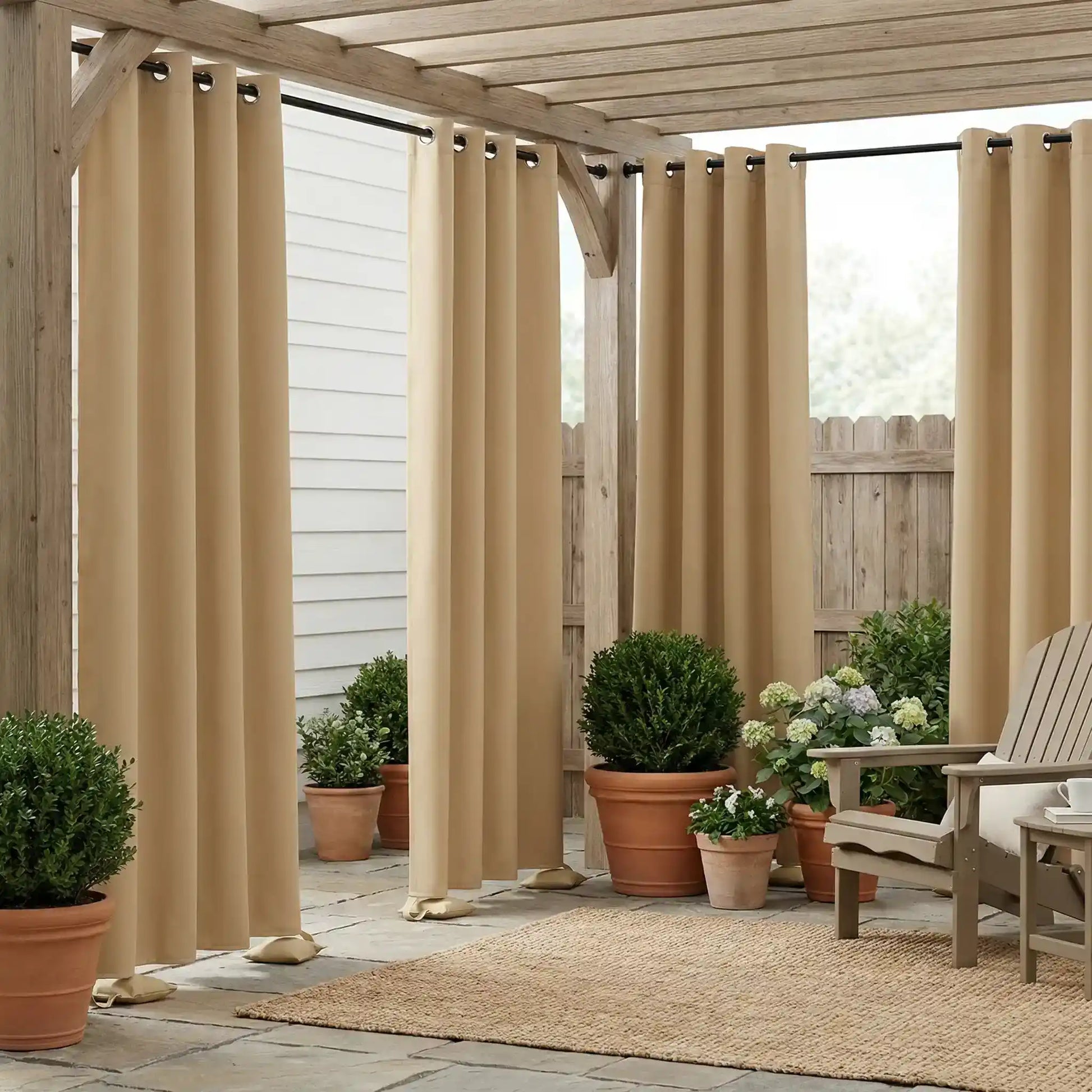 Outdoor waterproof curtain with grommet top and weighted bottom, windproof design by DWCN Official, suitable for outdoor use.