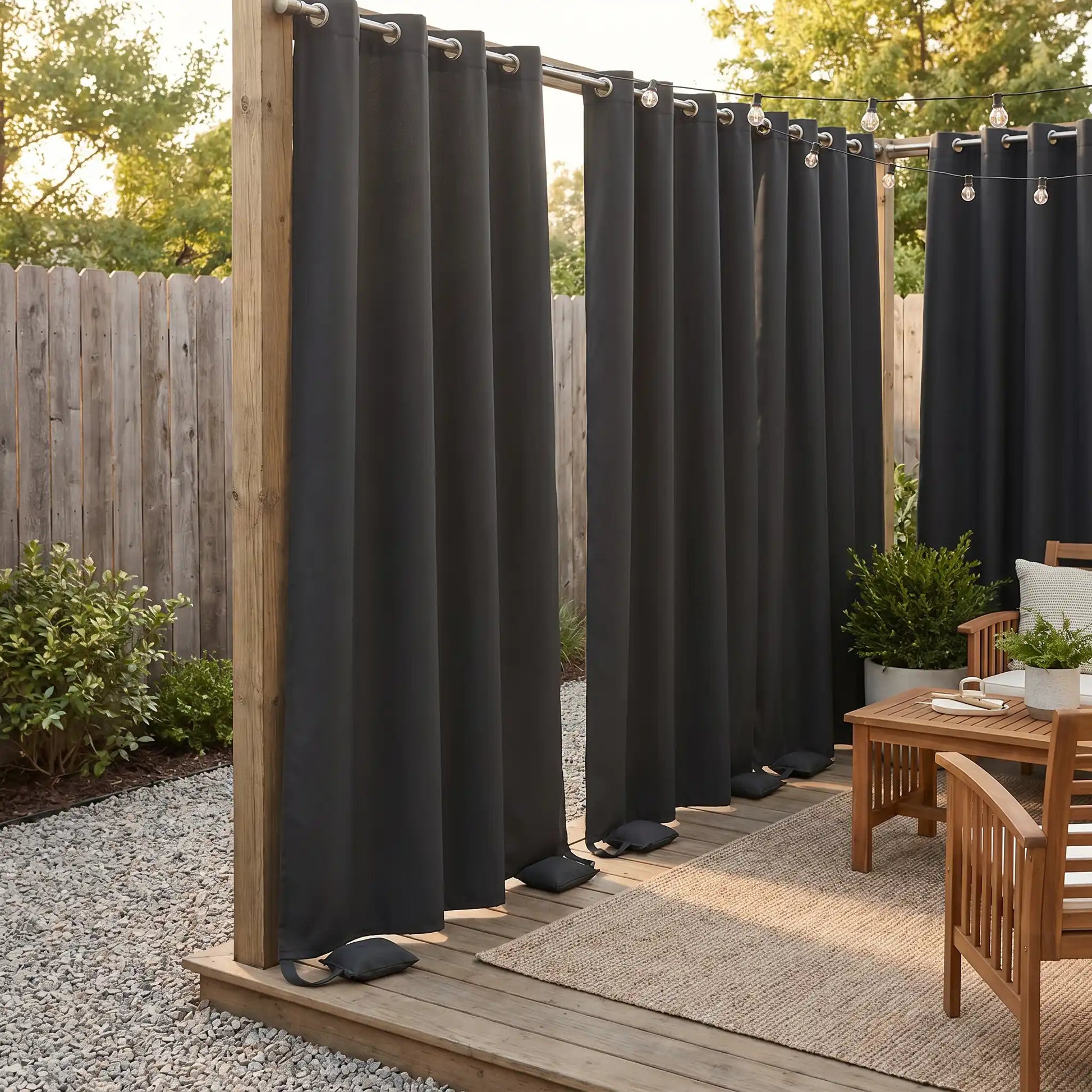DWCN official outdoor curtain with grommet top and weighted bags, windproof and waterproof for outdoor privacy and weather resistance.