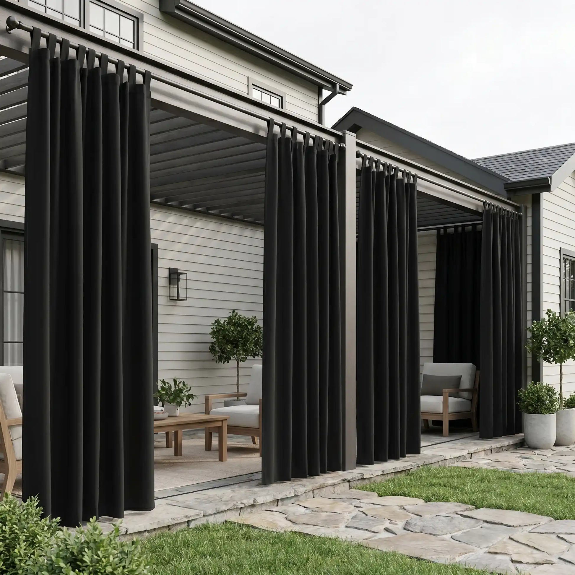 DWCN Official outdoor curtain with tab tops and ropes, windproof and waterproof fabric for outdoor weather protection.