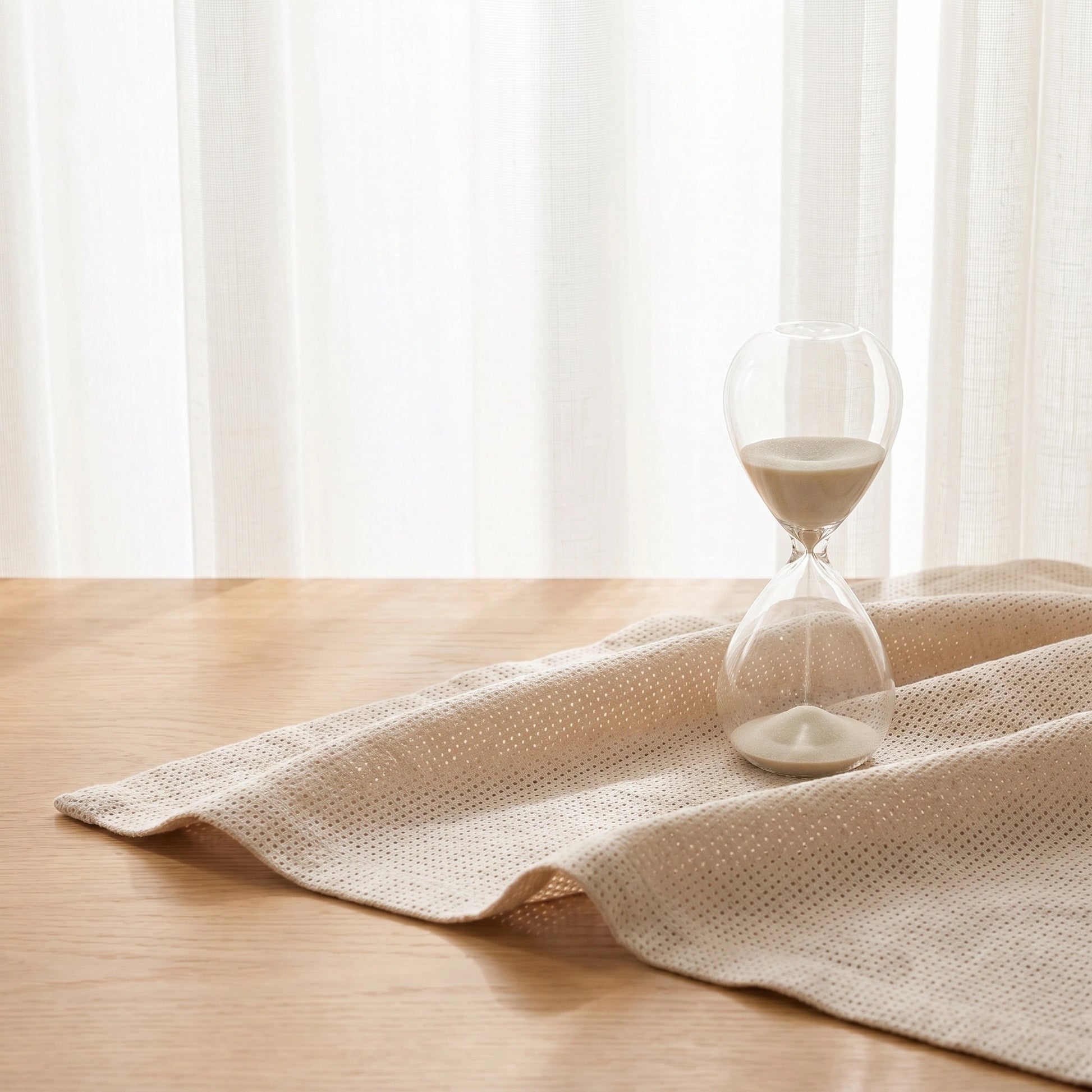 Ariadne Pearl Crosshatch Linen Sheer Curtain by DWCN Official hanging with light filtering through, showcasing elegant crosshatch pattern.