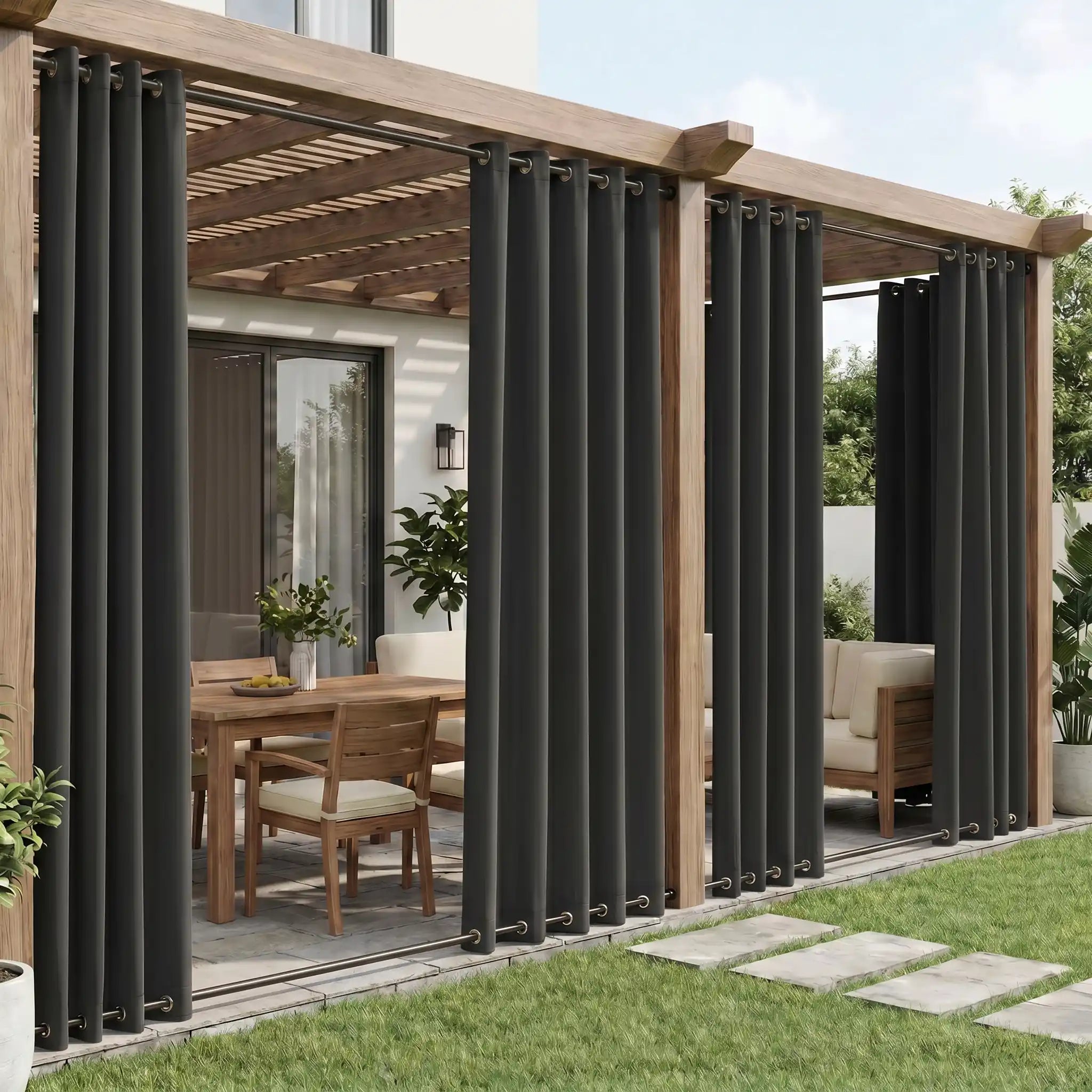 Outdoor curtains with grommet top and bottom, windproof and waterproof, by DWCN Official, shown hanging outdoors in a garden setting.