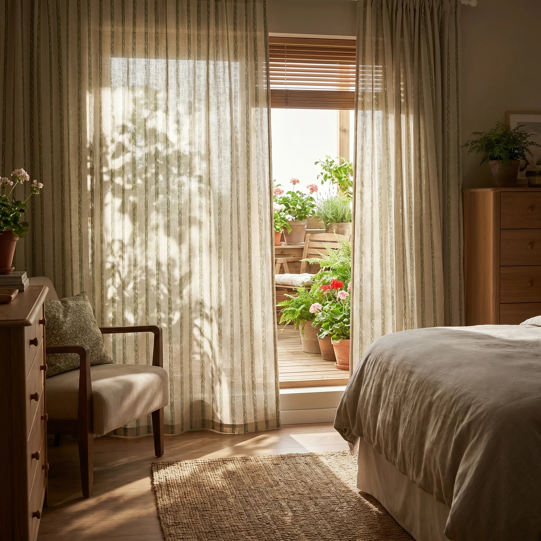 Demeter Aurata patterned linen curtains by DWCN Official hanging in a room, showcasing a stylish, natural fabric design.