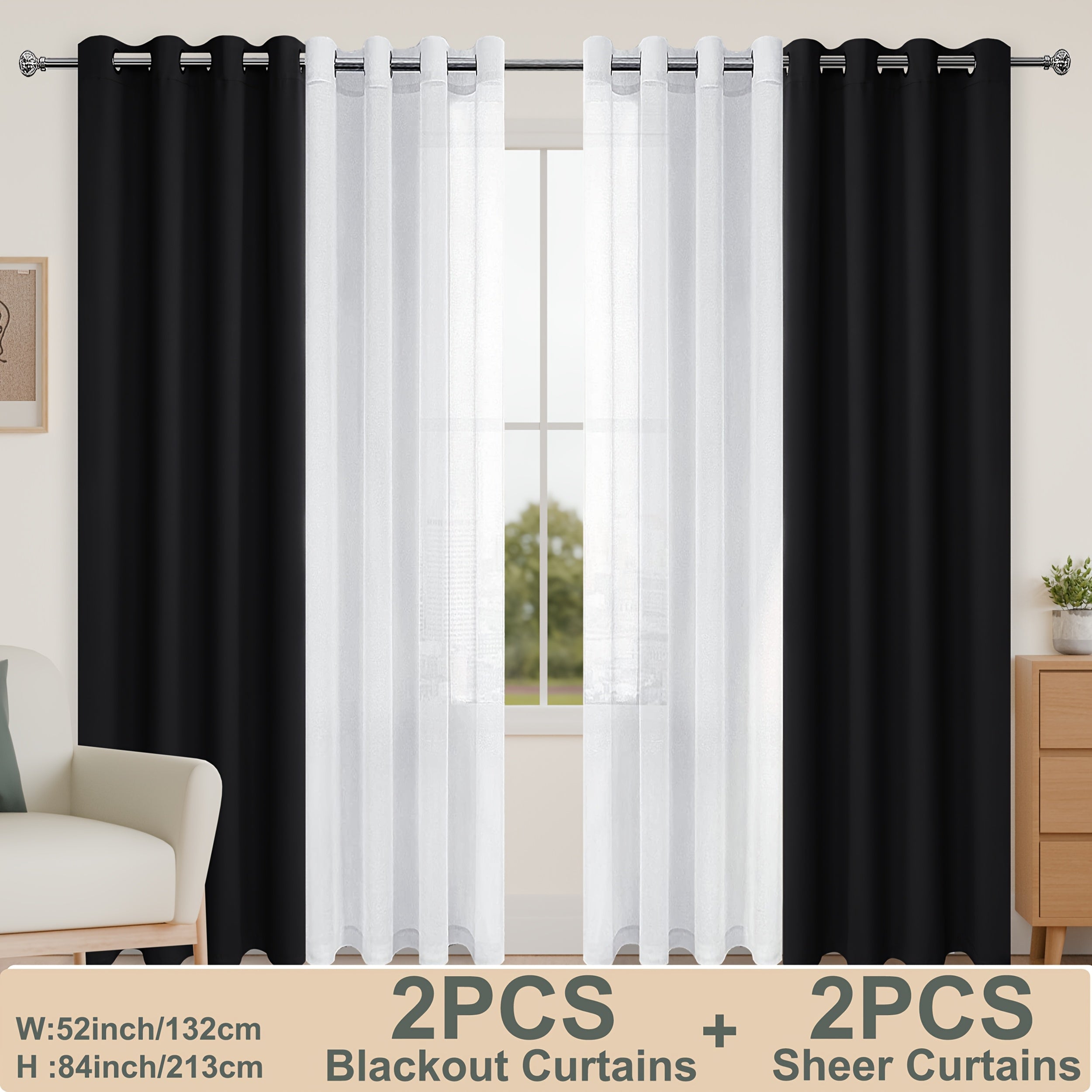 4pcs/SET Curtains - 2pcs Blackout Curtains with Tiebacks And 2pcs Sheer Curtains