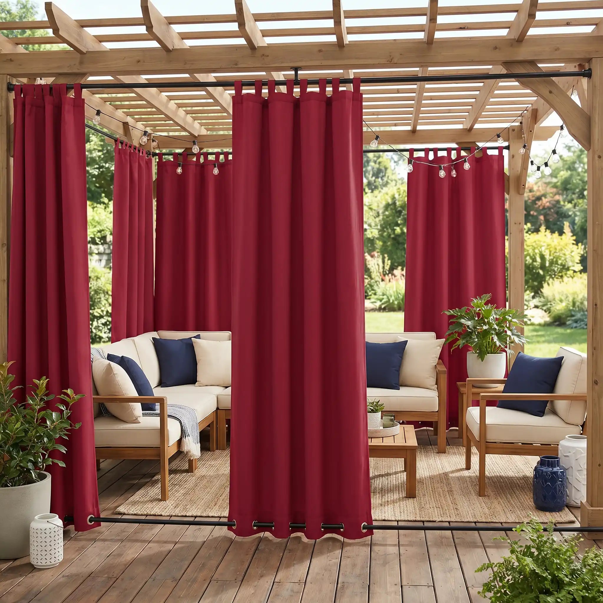 Outdoor curtains with tab top and grommet bottom by DWCN, windproof and waterproof fabric suitable for outdoor use.