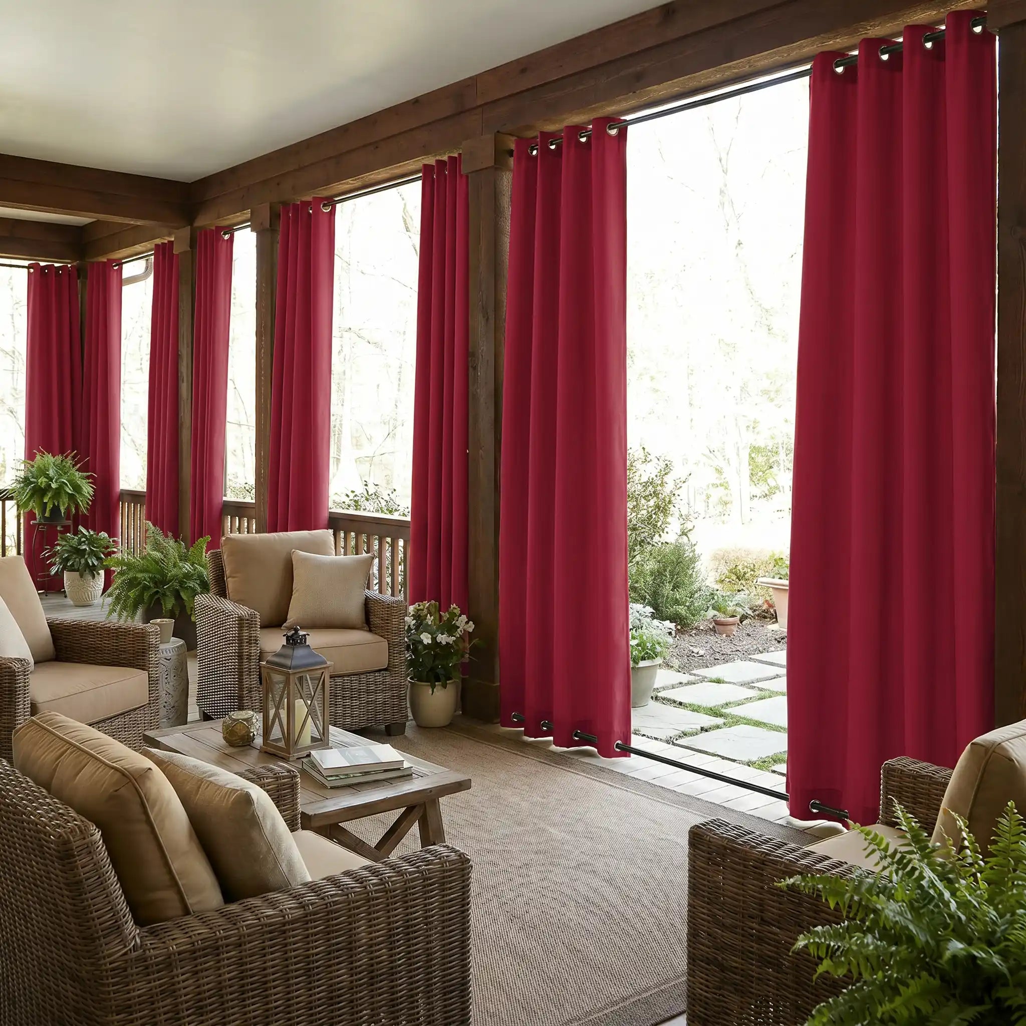 Waterproof outdoor curtains with grommet top and bottom, windproof design by DWCN Official for patio or garden use.