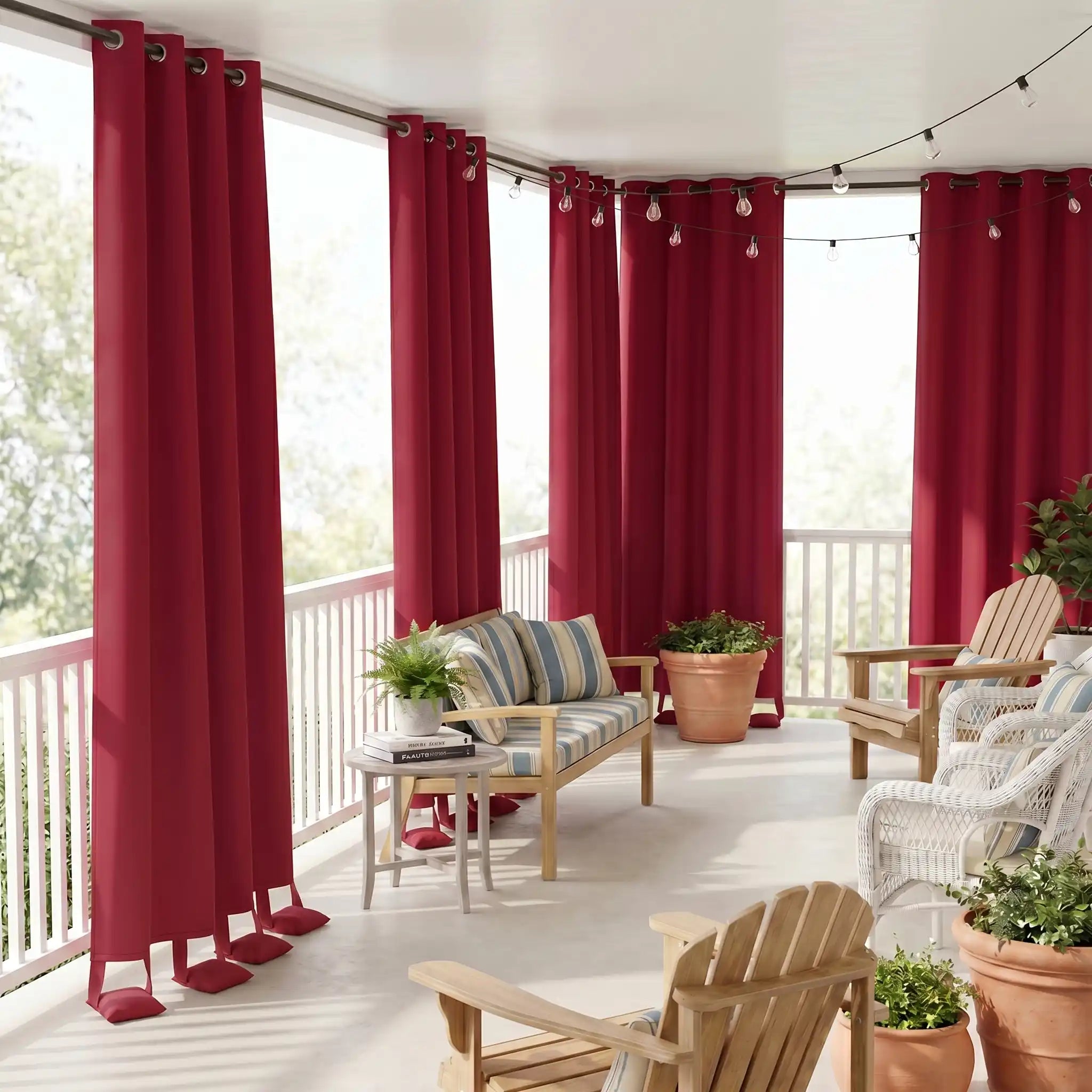 DWCN official outdoor curtain with grommet top and weighted bottom, windproof and waterproof for outdoor privacy and weather protection.