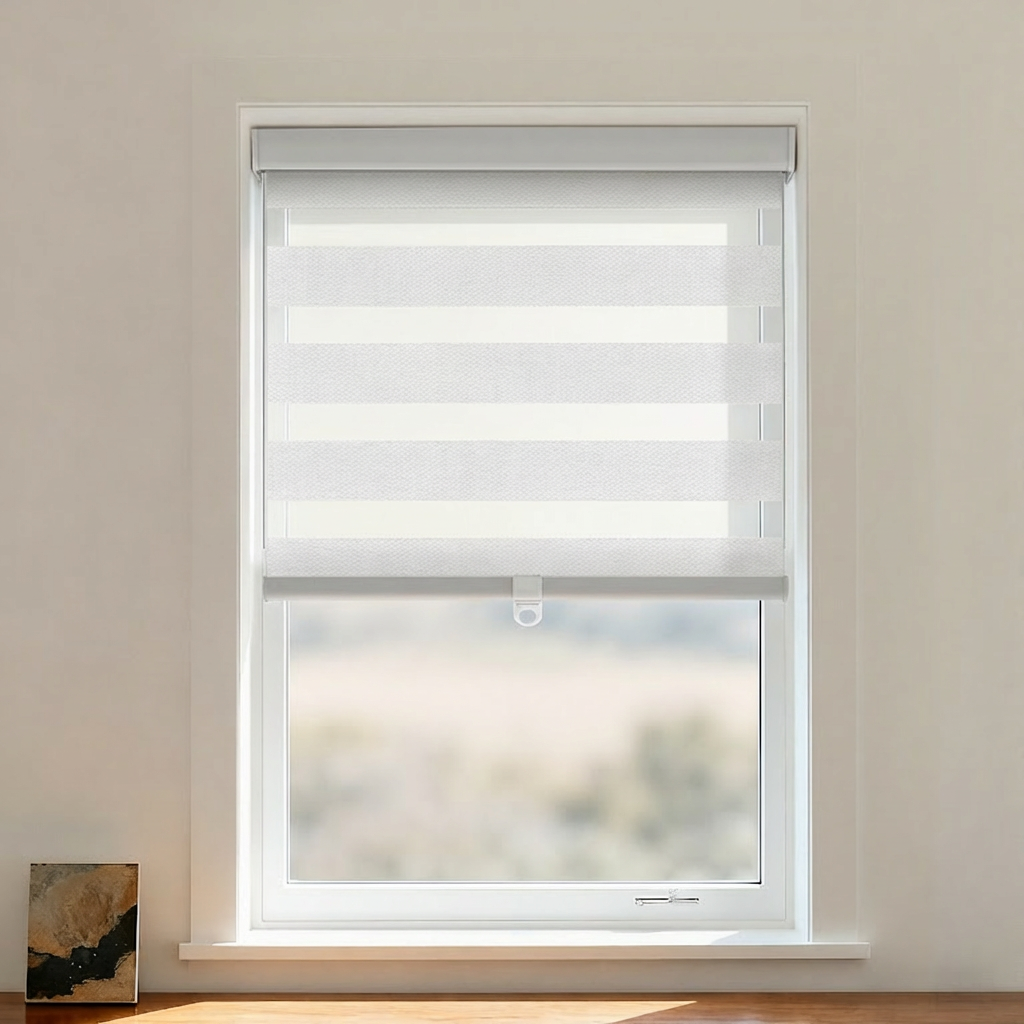 Black cordless zebra shade by DWCN Official featuring black and white striped fabric for light control and privacy.
