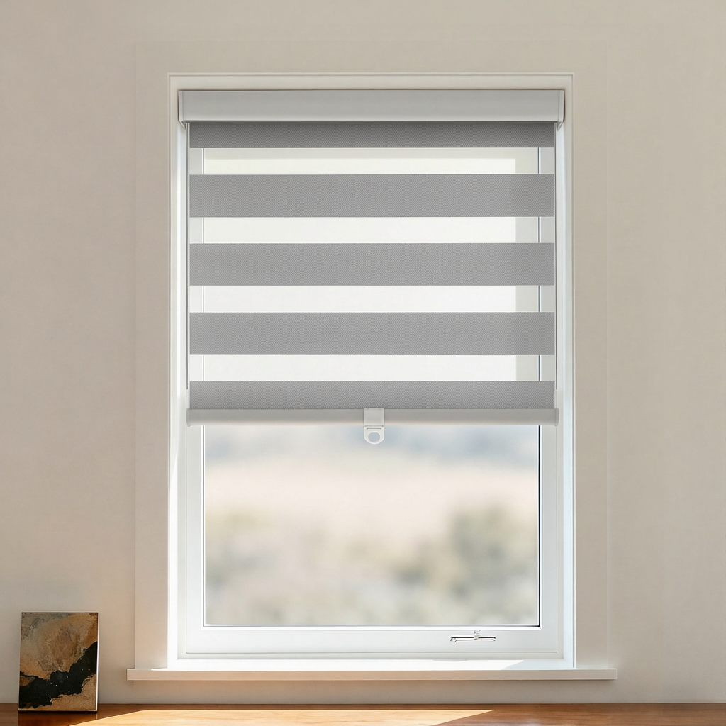 Black cordless zebra shade from DWCN Official featuring black and white striped blackout fabric for light control.