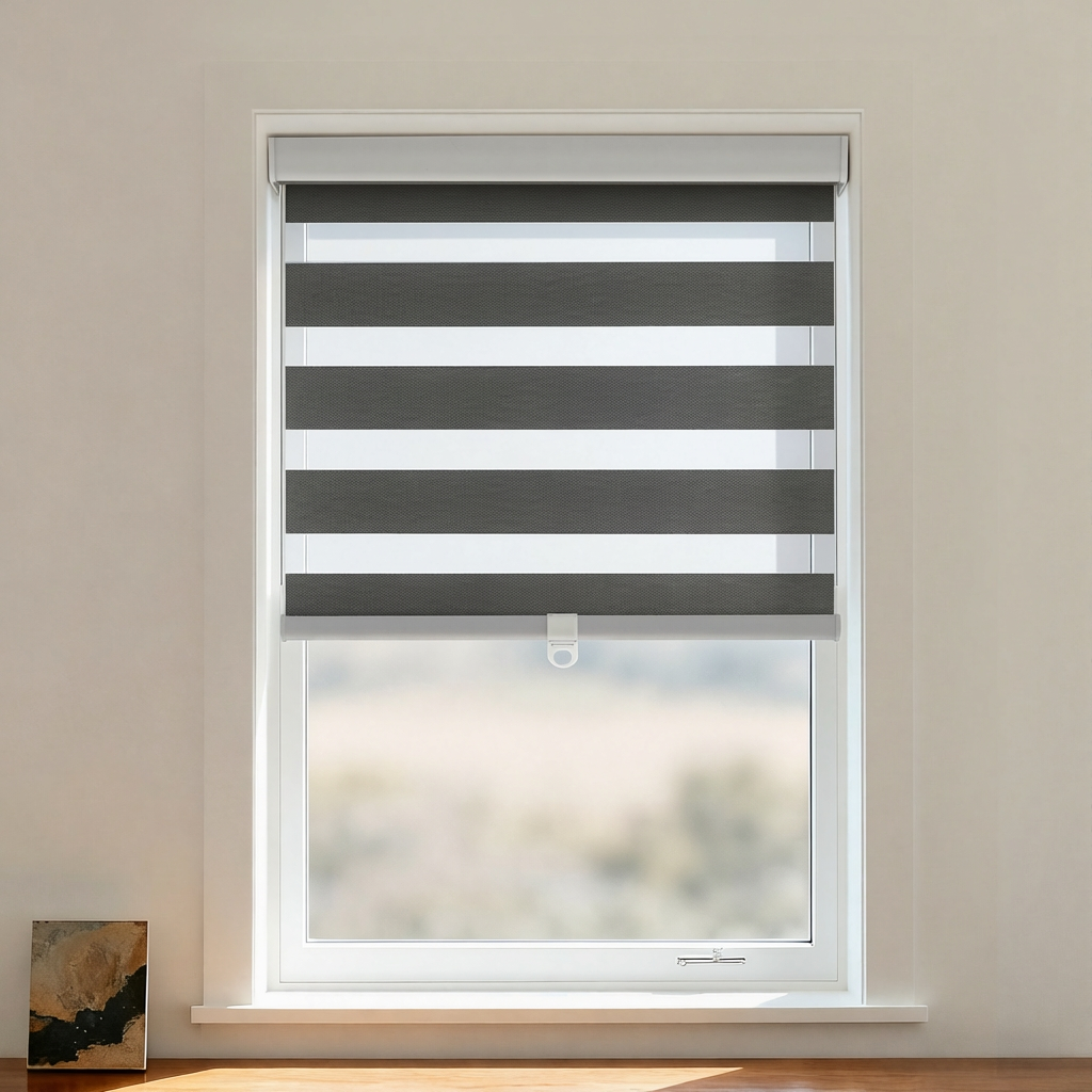 Kace Blackout Zebra Shade Cordless by DWCN Official, showing the stylish black and white zebra pattern window covering with cordless design.