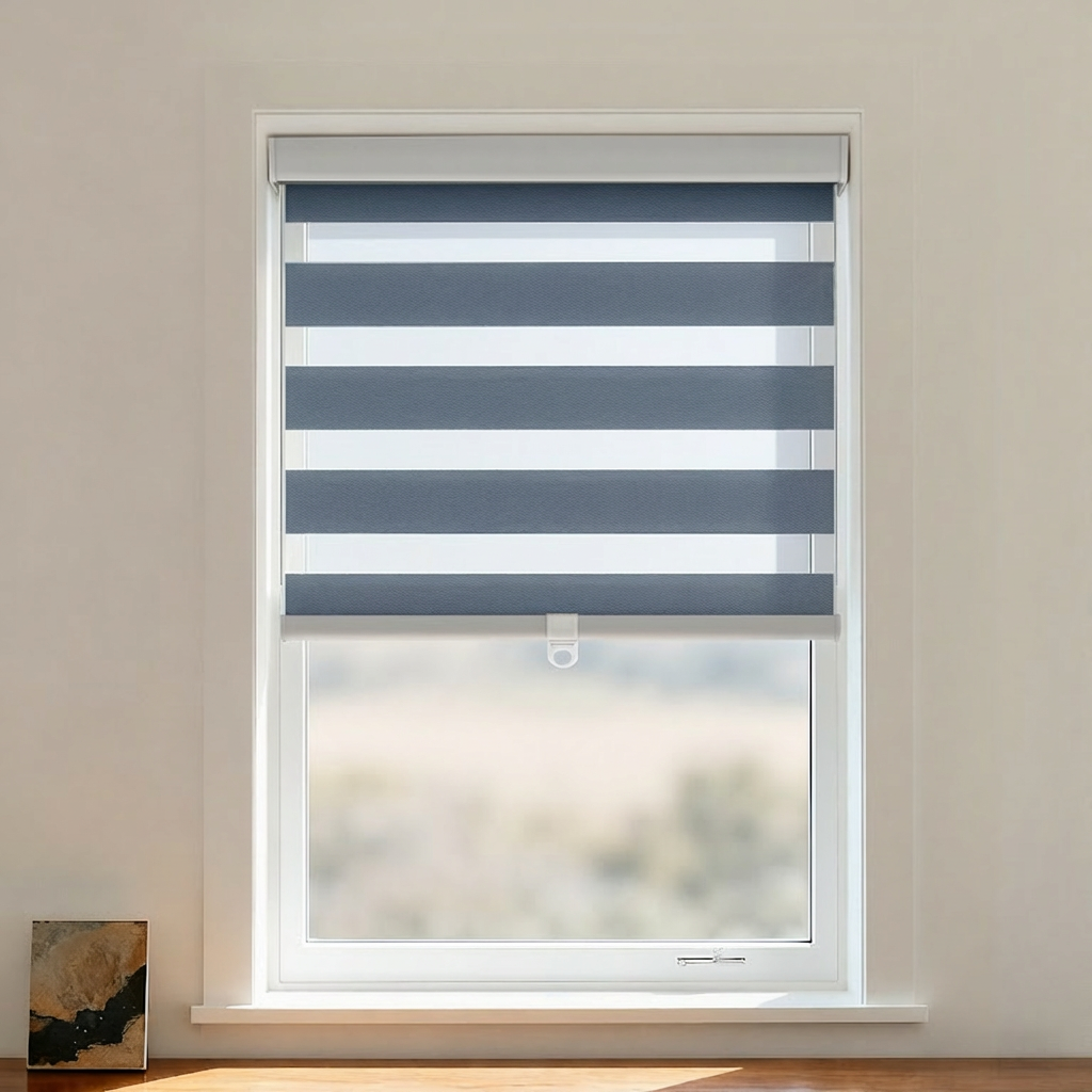 Black cordless zebra shade by DWCN Official featuring black and white zebra stripe pattern for stylish light control.