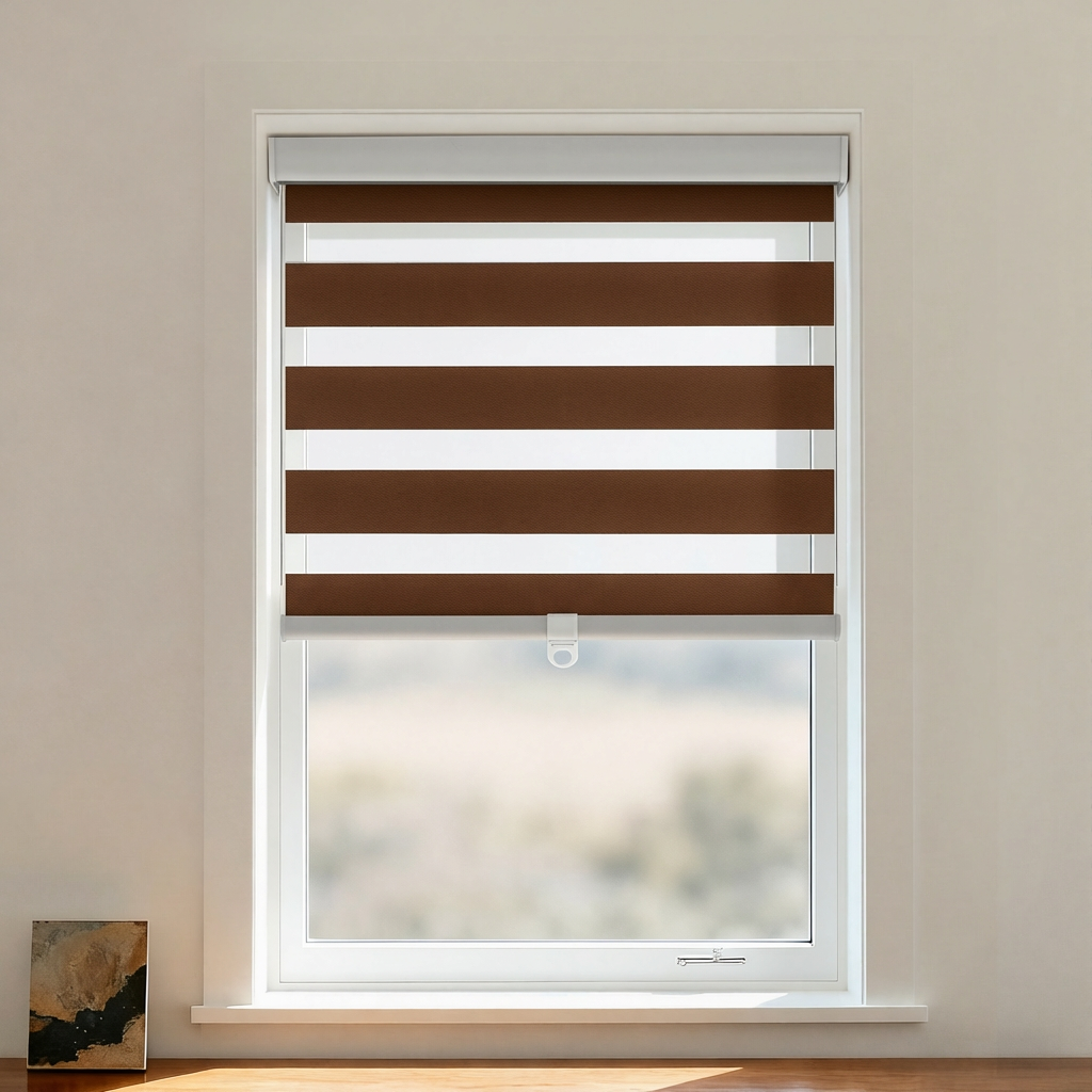 Black cordless zebra shade from DWCN Official featuring black and white striped blackout fabric for light control and privacy.