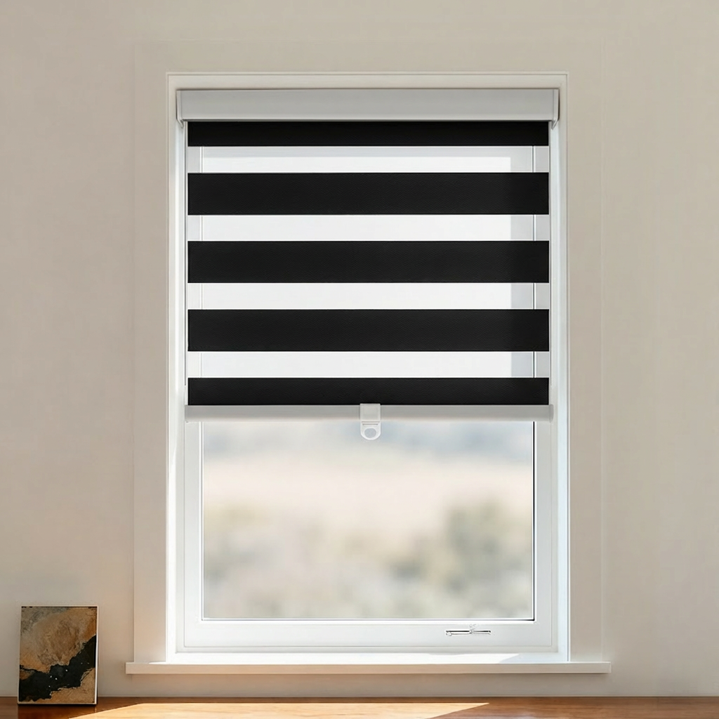 Kace Blackout Zebra Shade Cordless by DWCN Official, black and white zebra-striped window shade with cordless design for light control.